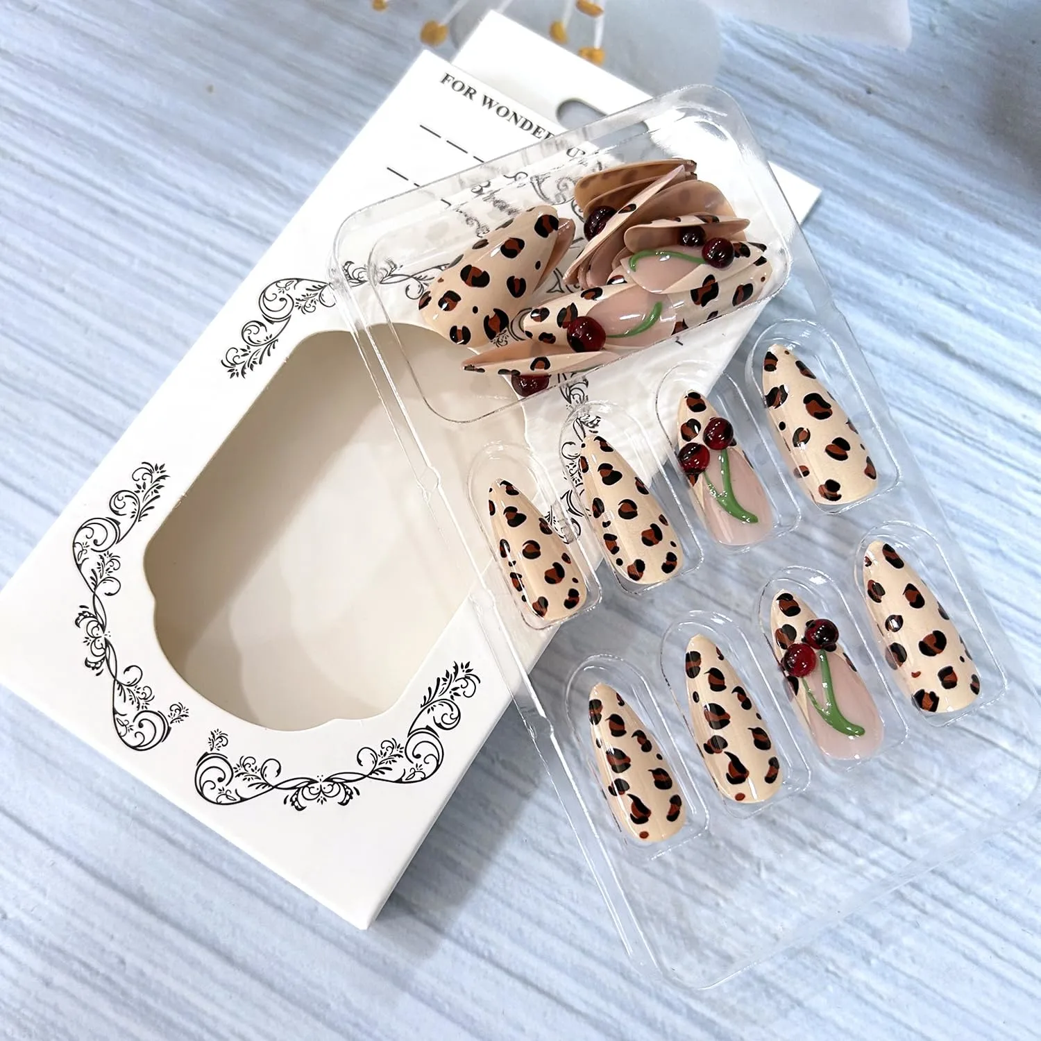 Leopard Almond French Tip Press on Nails Long Length 3D Cherry Fruit Design Full Cover Artificial False Nail Press Ons Fingernails Acrylic Nail Reusable Glue on Nails for Women 24Pcs