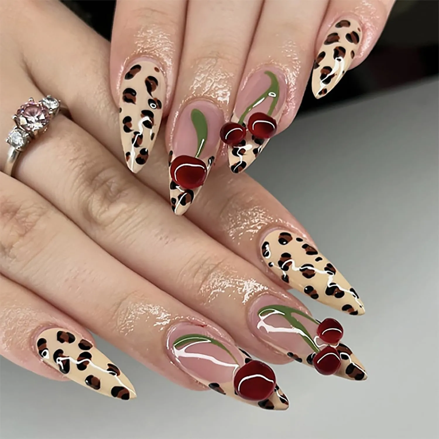 Leopard Almond French Tip Press on Nails Long Length 3D Cherry Fruit Design Full Cover Artificial False Nail Press Ons Fingernails Acrylic Nail Reusable Glue on Nails for Women 24Pcs