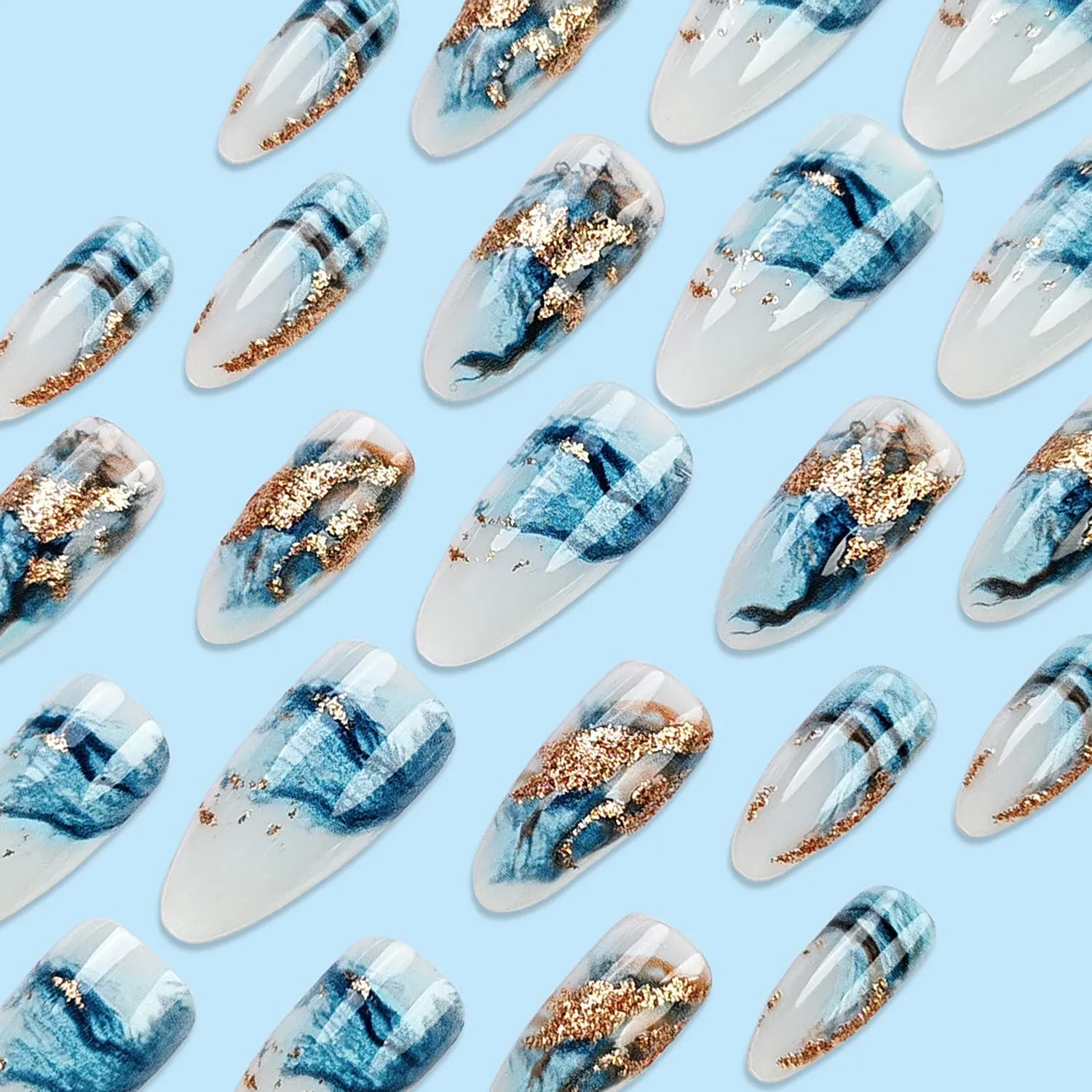 CLDLTS Press on Nails Medium Almond Shaped Blue Smudge False Nail Press Ons with Design Gold Foil Stripes Full Cover Artificial Acrylic Nails Glossy Reusable Glue on Nails for Women