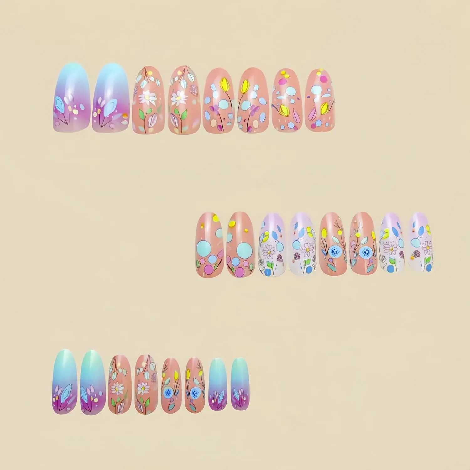 Flower Press on Nails Medium Length Colorful Smudge Acrylic False Nail Spring Floral Pattern Design Full Cover Artificial Stick on Nails Glossy Press Ons Manicure Almond Glue on Nails for Women