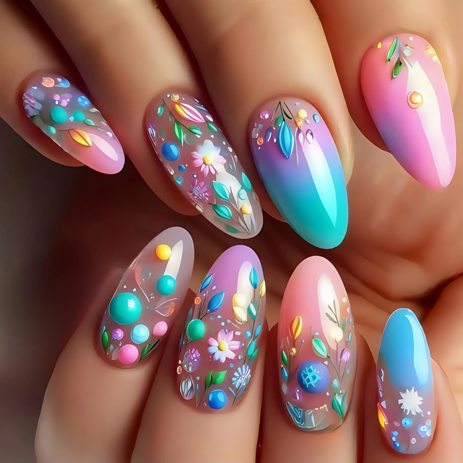 Flower Press on Nails Medium Length Colorful Smudge Acrylic False Nail Spring Floral Pattern Design Full Cover Artificial Stick on Nails Glossy Press Ons Manicure Almond Glue on Nails for Women