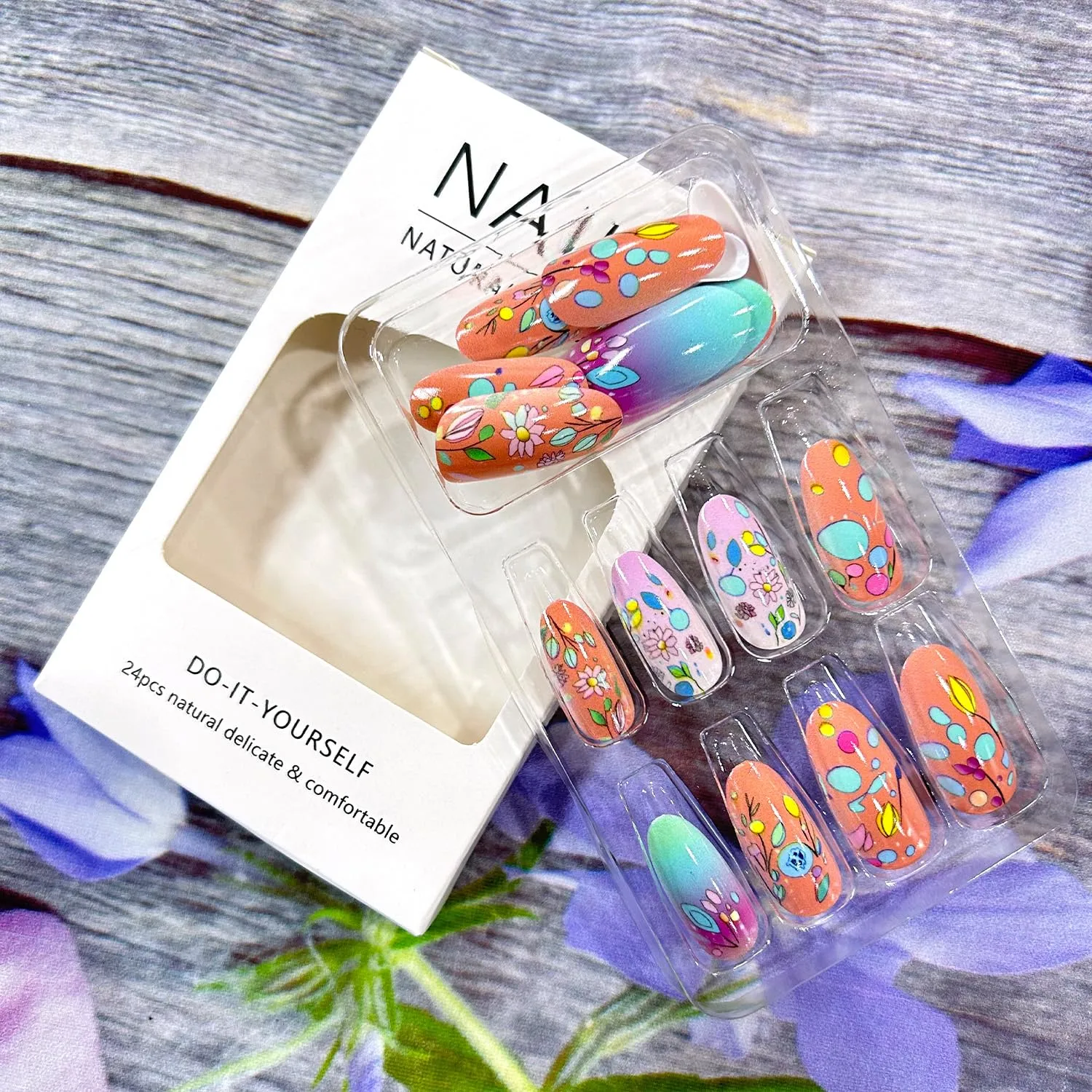 Flower Press on Nails Medium Length Colorful Smudge Acrylic False Nail Spring Floral Pattern Design Full Cover Artificial Stick on Nails Glossy Press Ons Manicure Almond Glue on Nails for Women
