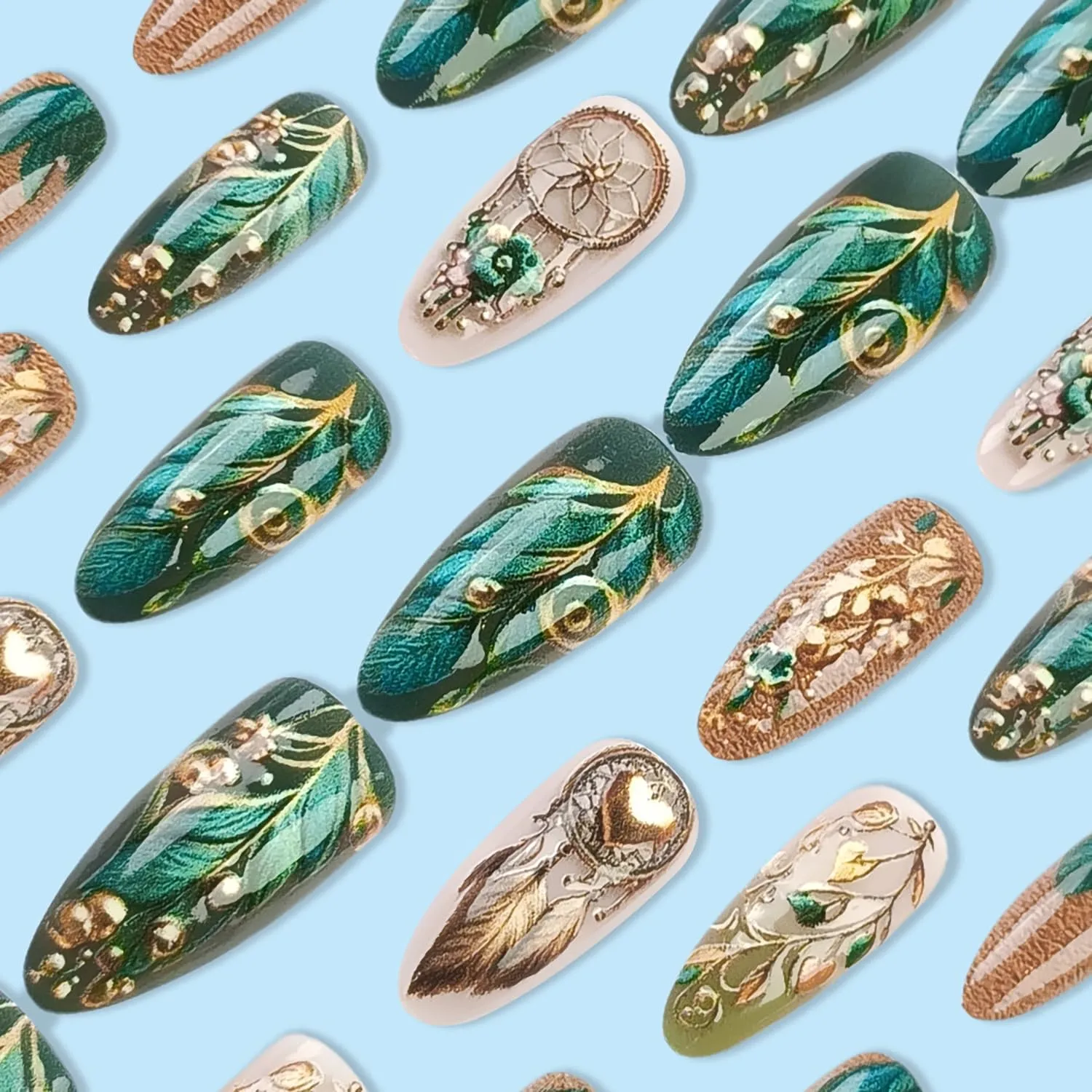 Press on Nails Long length Almond Shaped Gold Love Heart Feather Pattern Design Full Cover False Nail Flower Leaves Press Ons Manicure Reusable Artificial Acrylic Glue on Nails for Women