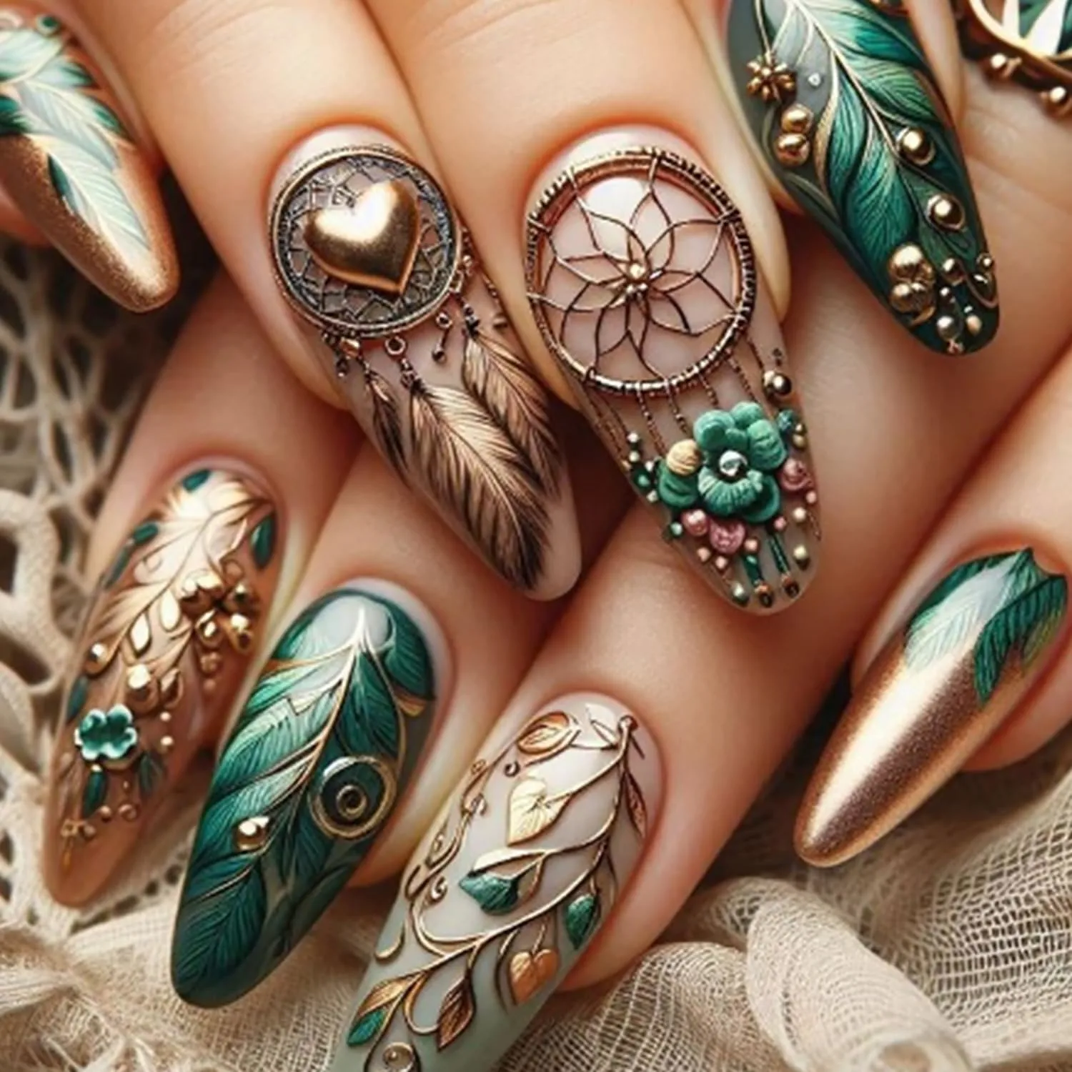 Press on Nails Long length Almond Shaped Gold Love Heart Feather Pattern Design Full Cover False Nail Flower Leaves Press Ons Manicure Reusable Artificial Acrylic Glue on Nails for Women