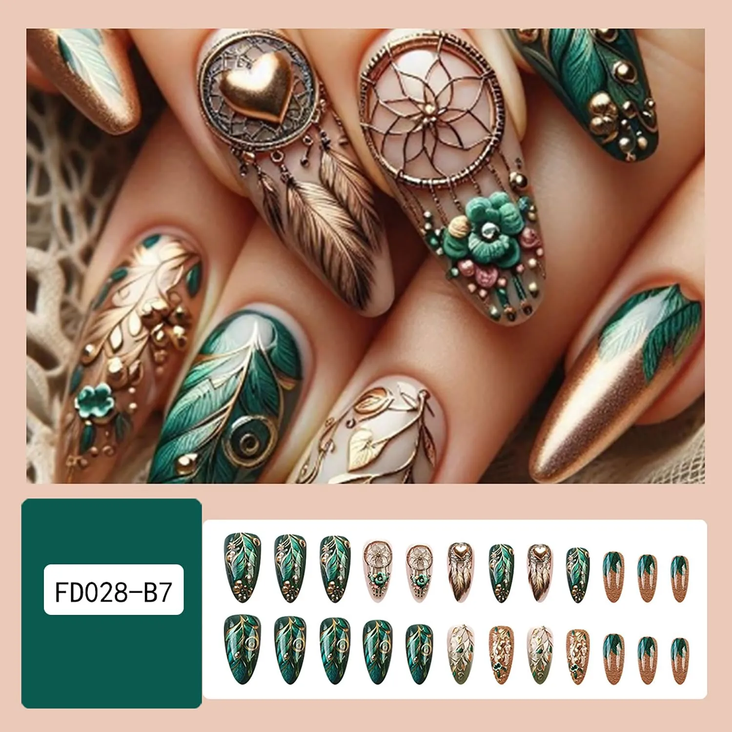 Press on Nails Long length Almond Shaped Gold Love Heart Feather Pattern Design Full Cover False Nail Flower Leaves Press Ons Manicure Reusable Artificial Acrylic Glue on Nails for Women