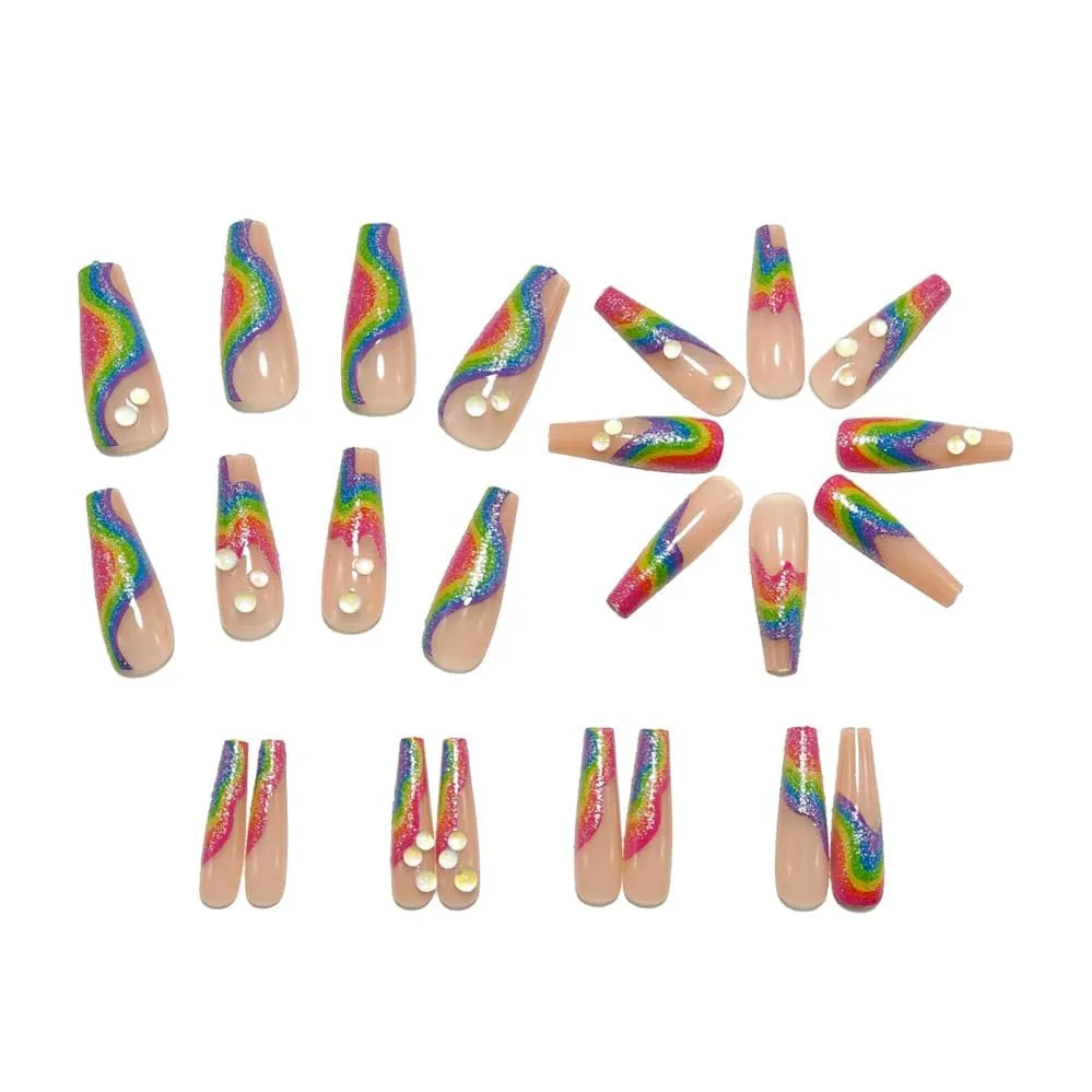 Square Press on Nails Long Gradient Fake Nail Rainbow with Rhinestones Acrylic Nail Press ons Pride Stick on Nail for Women 24pcs