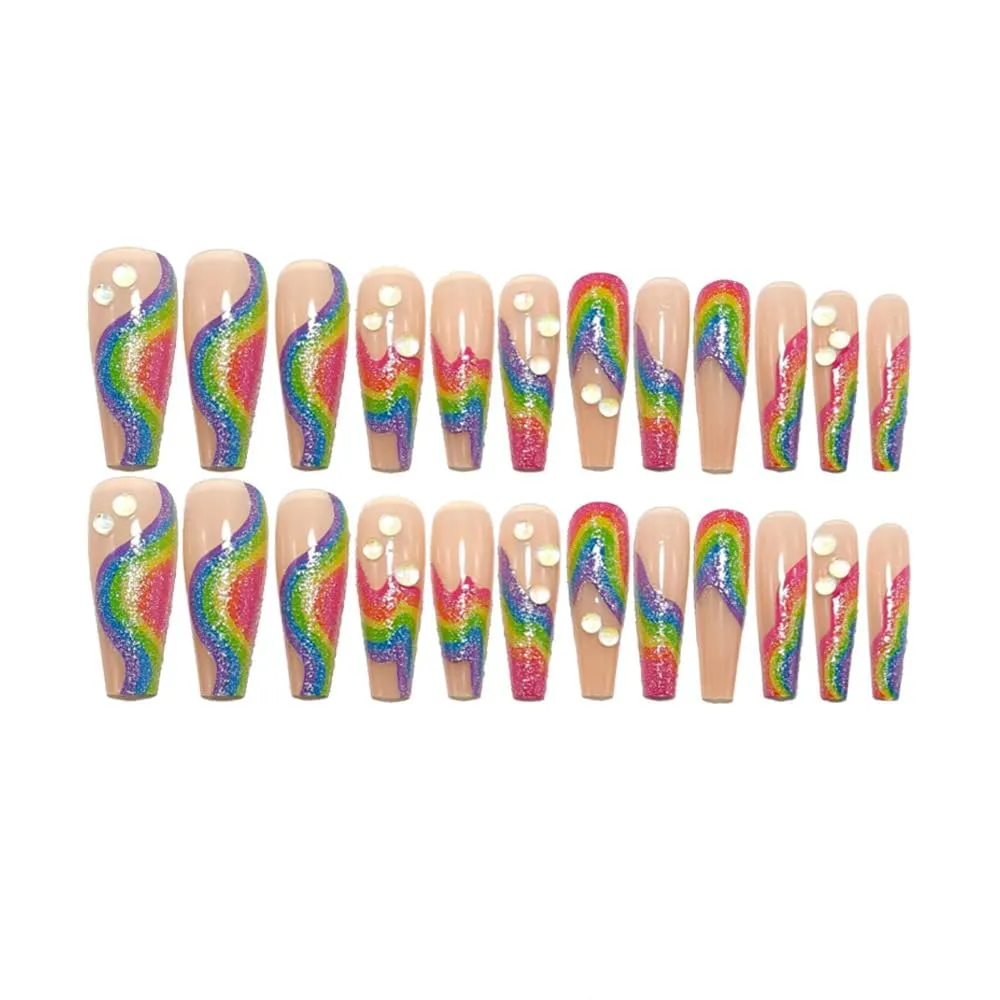 Square Press on Nails Long Gradient Fake Nail Rainbow with Rhinestones Acrylic Nail Press ons Pride Stick on Nail for Women 24pcs