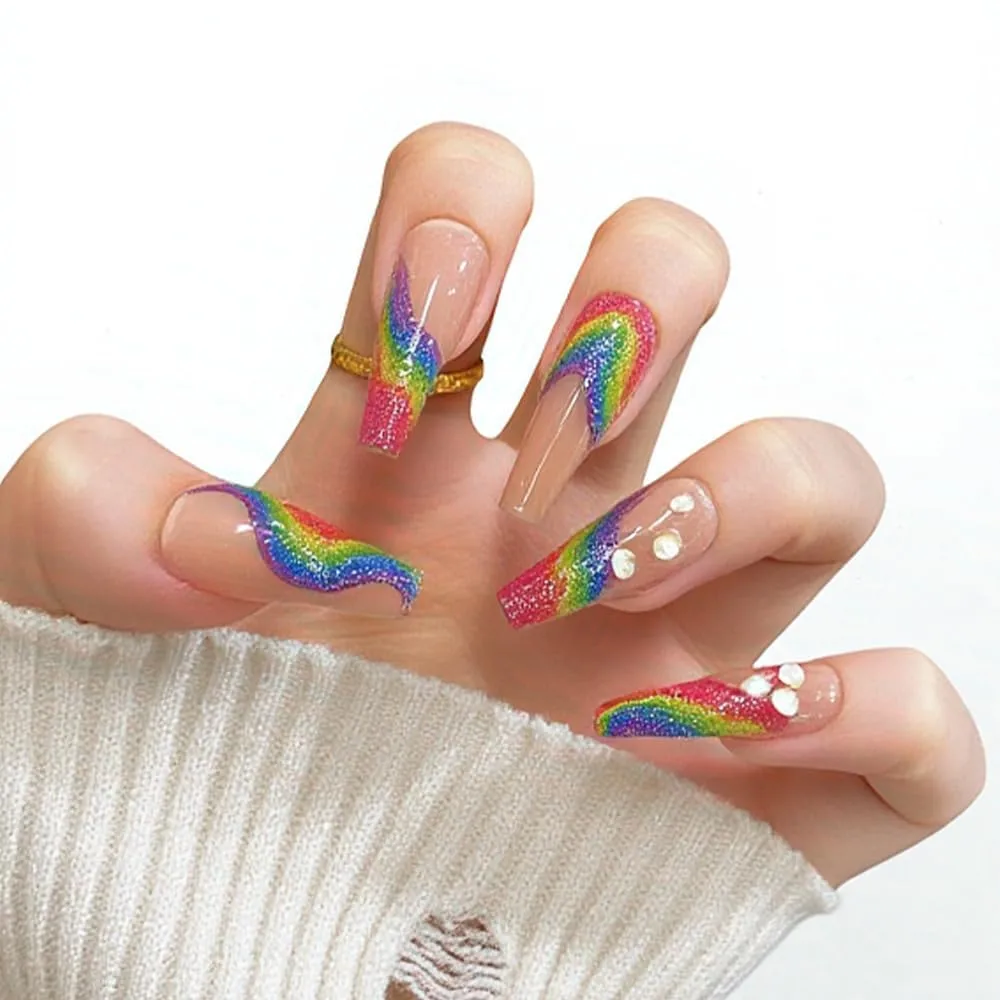 Square Press on Nails Long Gradient Fake Nail Rainbow with Rhinestones Acrylic Nail Press ons Pride Stick on Nail for Women 24pcs