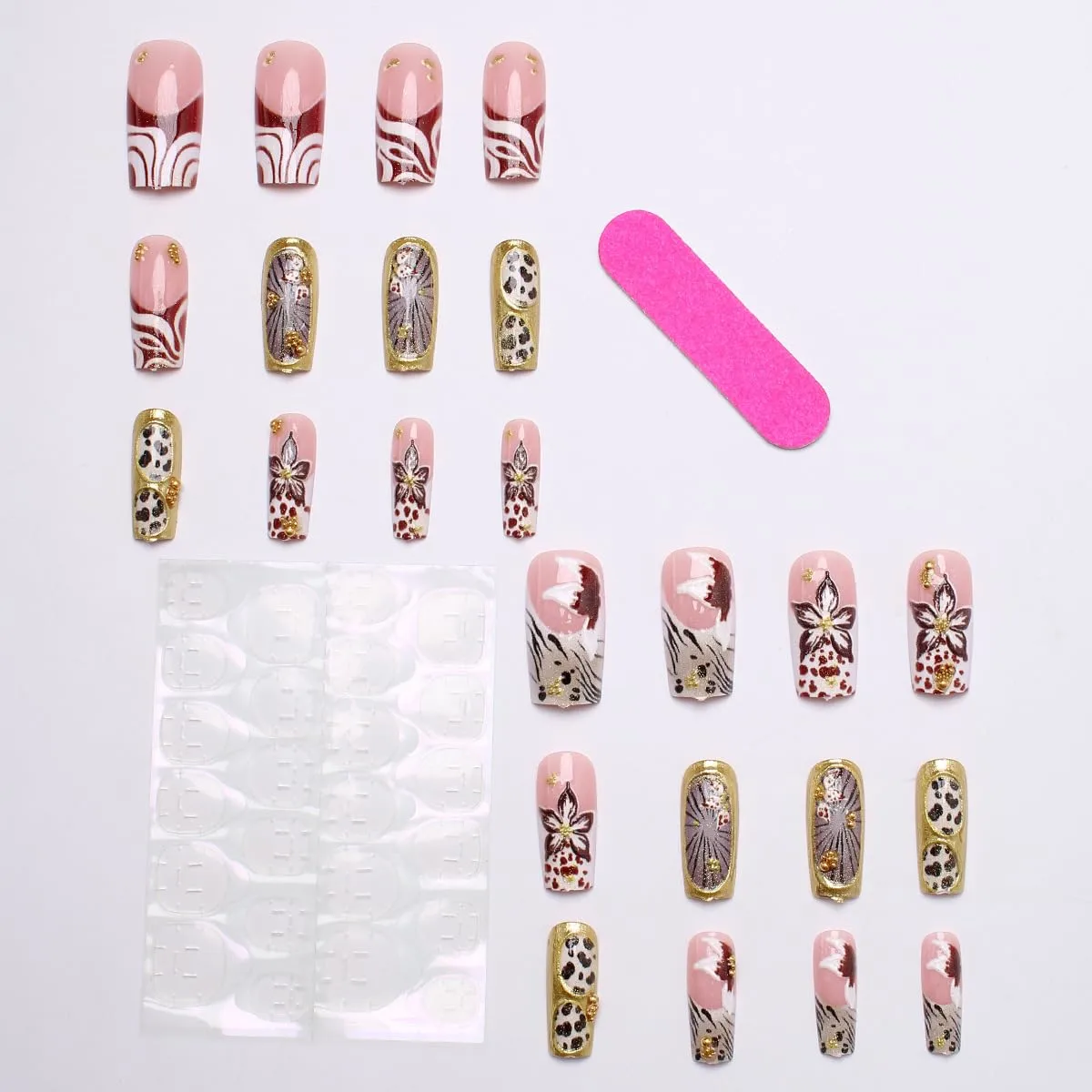 Gold Press on Nails Square Medium Leopard Press on False Nails 3D Flowers and Gold Embossed Stick on Nail for Women 24pcs