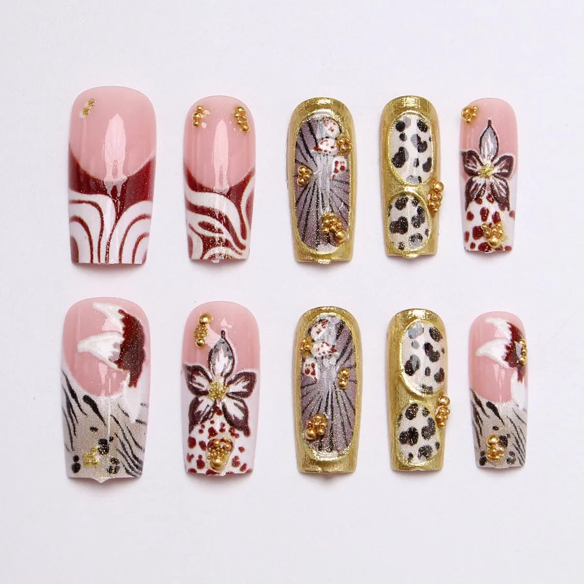Gold Press on Nails Square Medium Leopard Press on False Nails 3D Flowers and Gold Embossed Stick on Nail for Women 24pcs