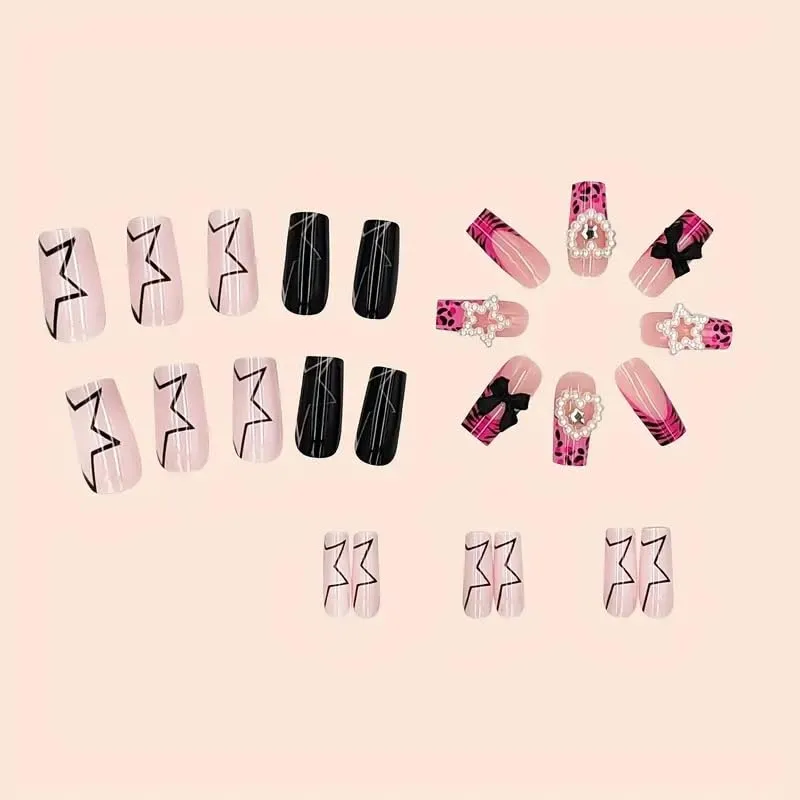 Purple Press on Nails Square Long Zebra and Leopard Stripe Press on False Nails 3D Pearl Star and Heart Design Stick on Nail for Women 24pcs