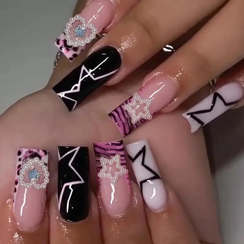 Purple Press on Nails Square Long Zebra and Leopard Stripe Press on False Nails 3D Pearl Star and Heart Design Stick on Nail for Women 24pcs