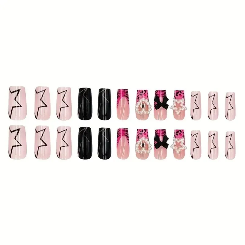 Purple Press on Nails Square Long Zebra and Leopard Stripe Press on False Nails 3D Pearl Star and Heart Design Stick on Nail for Women 24pcs