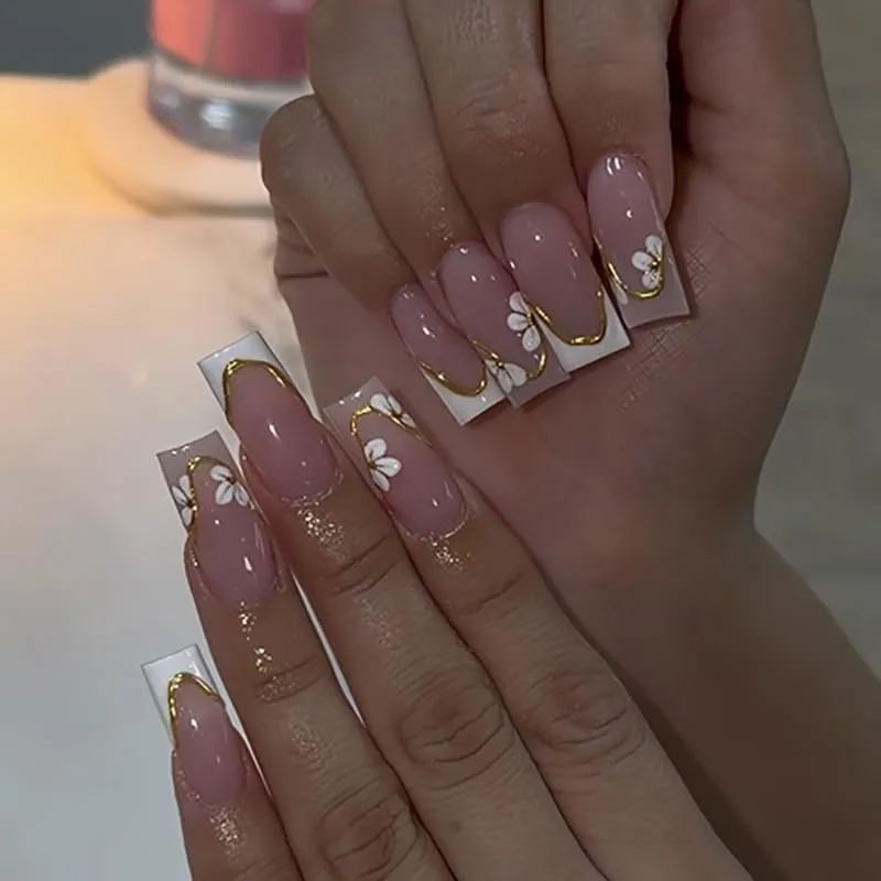 Press on Nails French Tip, Handmade Acrylic Press on French Tip Nails with Flower Designs，Long Square Nail Press Ons for Women 24pcs