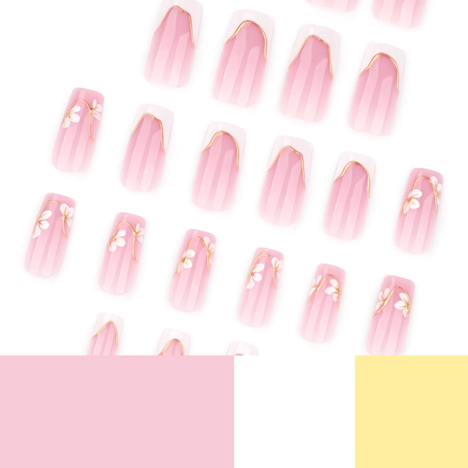Press on Nails French Tip, Handmade Acrylic Press on French Tip Nails with Flower Designs，Long Square Nail Press Ons for Women 24pcs