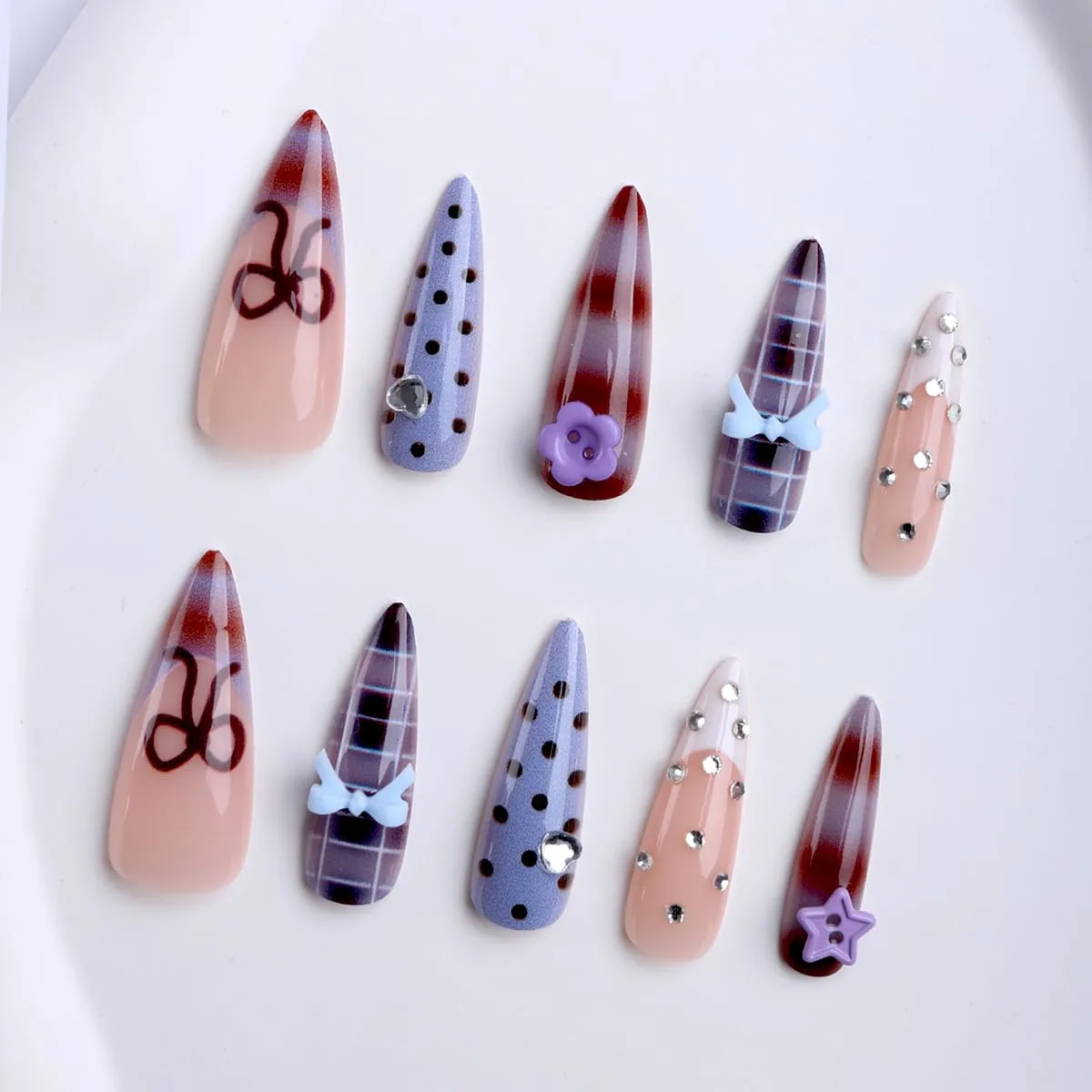 Press on Nails Almond Long Purple Acrylic Stick on Nails with 3D Flower Designs Polka Dot Y2k Long Nail Press Ons for Women 24pcs (Purple 01)