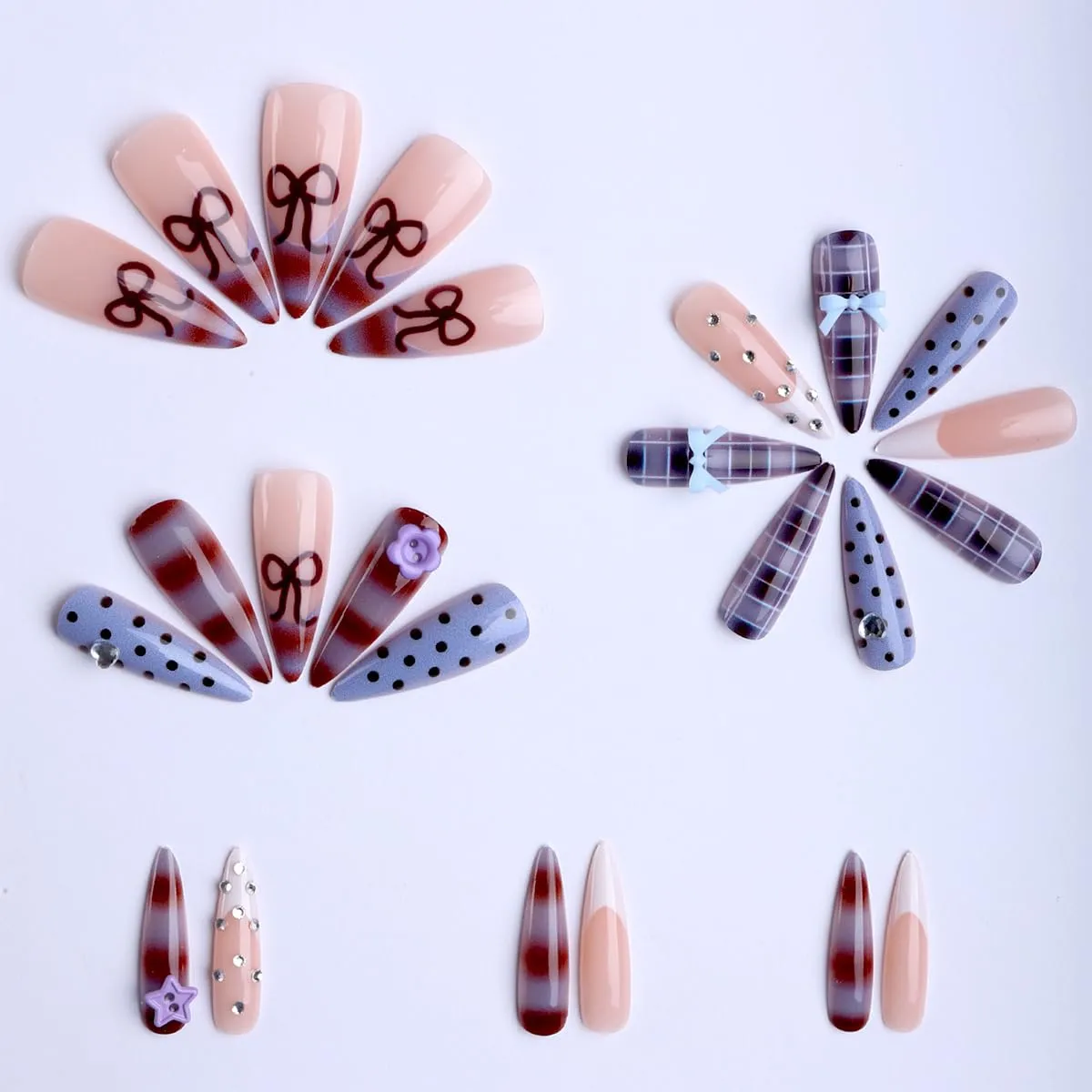 Press on Nails Almond Long Purple Acrylic Stick on Nails with 3D Flower Designs Polka Dot Y2k Long Nail Press Ons for Women 24pcs (Purple 01)