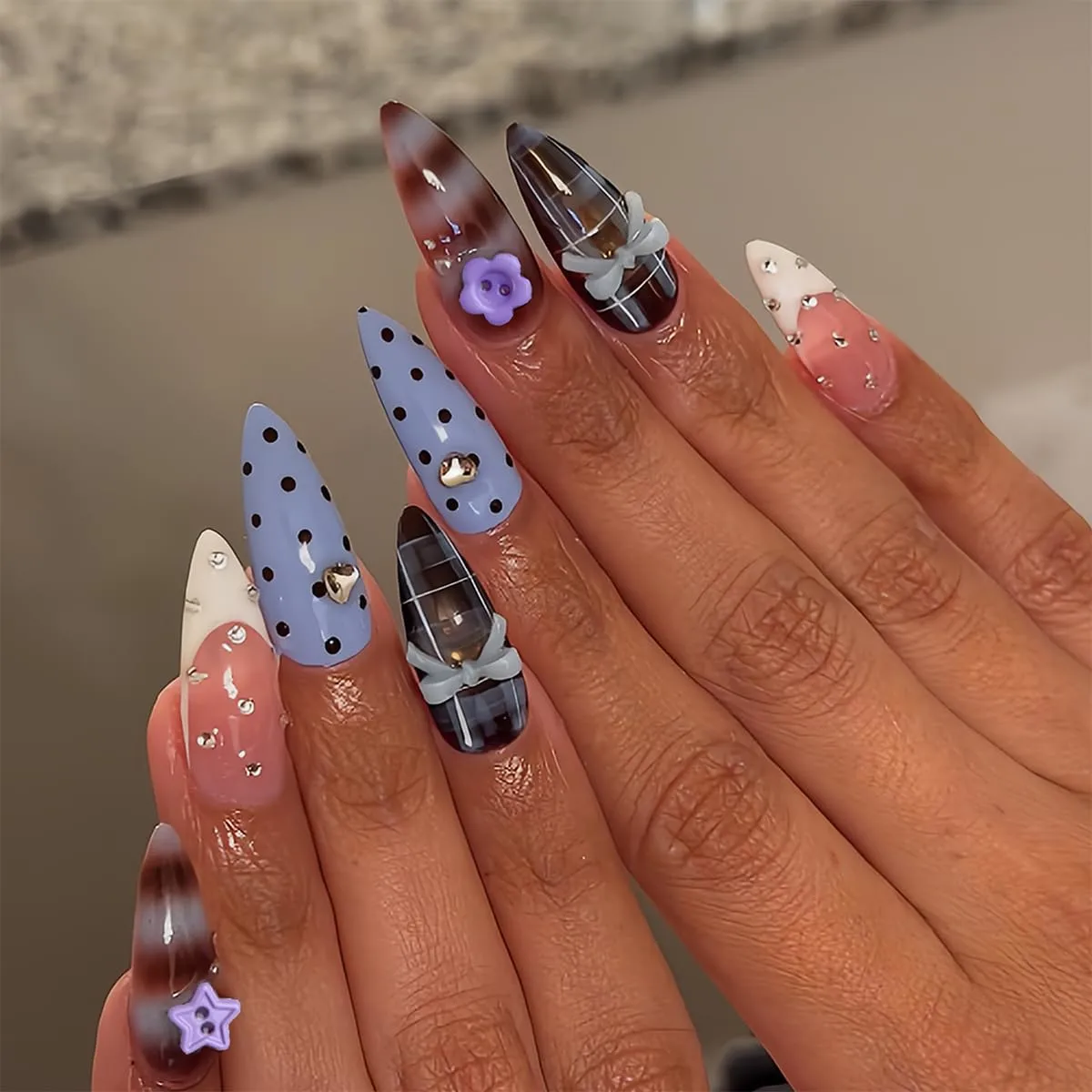 Press on Nails Almond Long Purple Acrylic Stick on Nails with 3D Flower Designs Polka Dot Y2k Long Nail Press Ons for Women 24pcs (Purple 01)