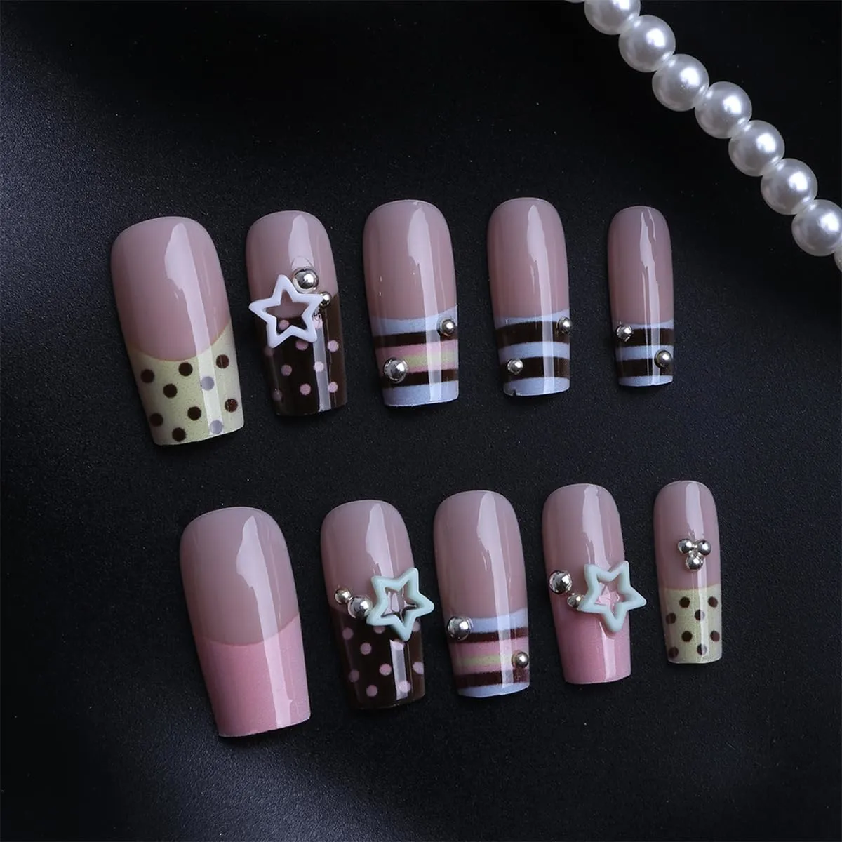 Press on Nails French Tip, Handmade Acrylic Press on French Tip Nails with Flower Designs，Long Square Nail Press Ons for Women 24pcs