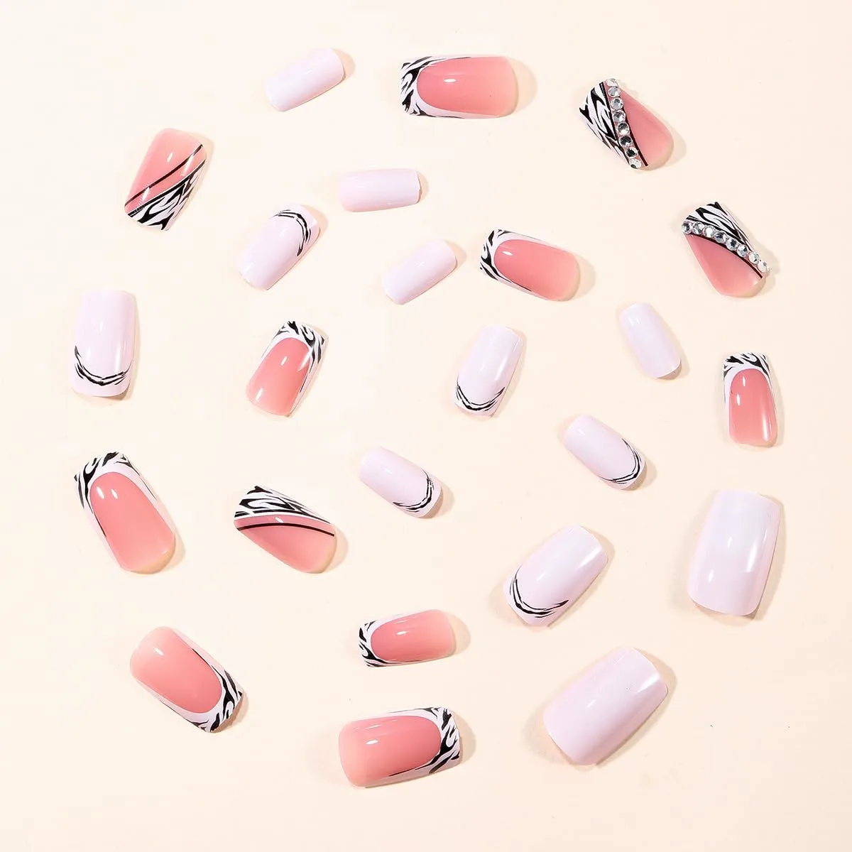 Square Press on False Nails Medium Zebra StripePress on False Nails with Rhinestones Stick on Nail Tips for Women 24pcs