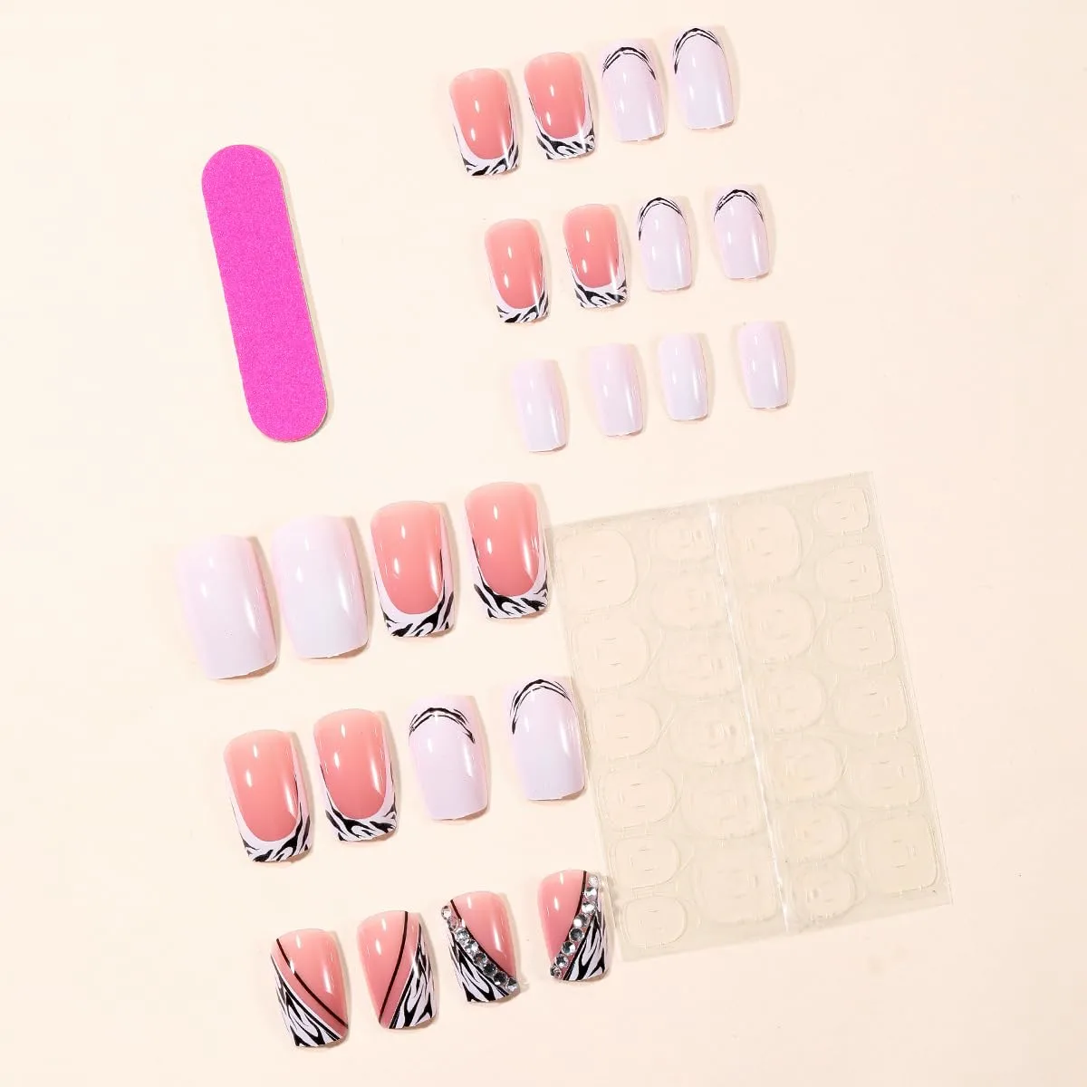 Square Press on False Nails Medium Zebra StripePress on False Nails with Rhinestones Stick on Nail Tips for Women 24pcs