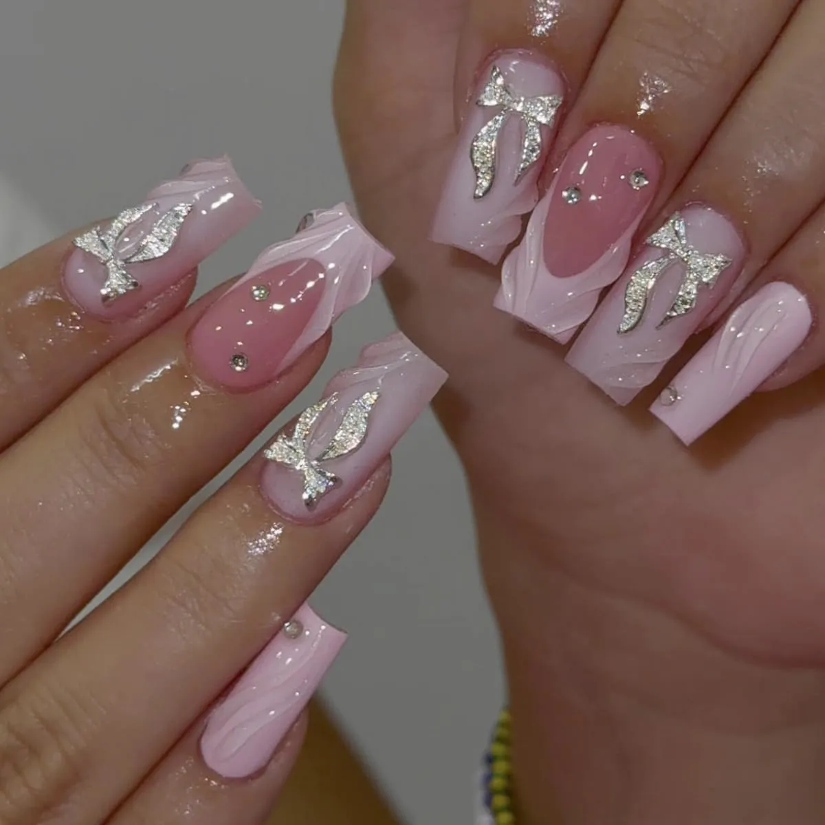 Square French Tip Press on Nails Long Pink Fake Nails Embossed Glossy Bow Stick on Nail Tips for Women