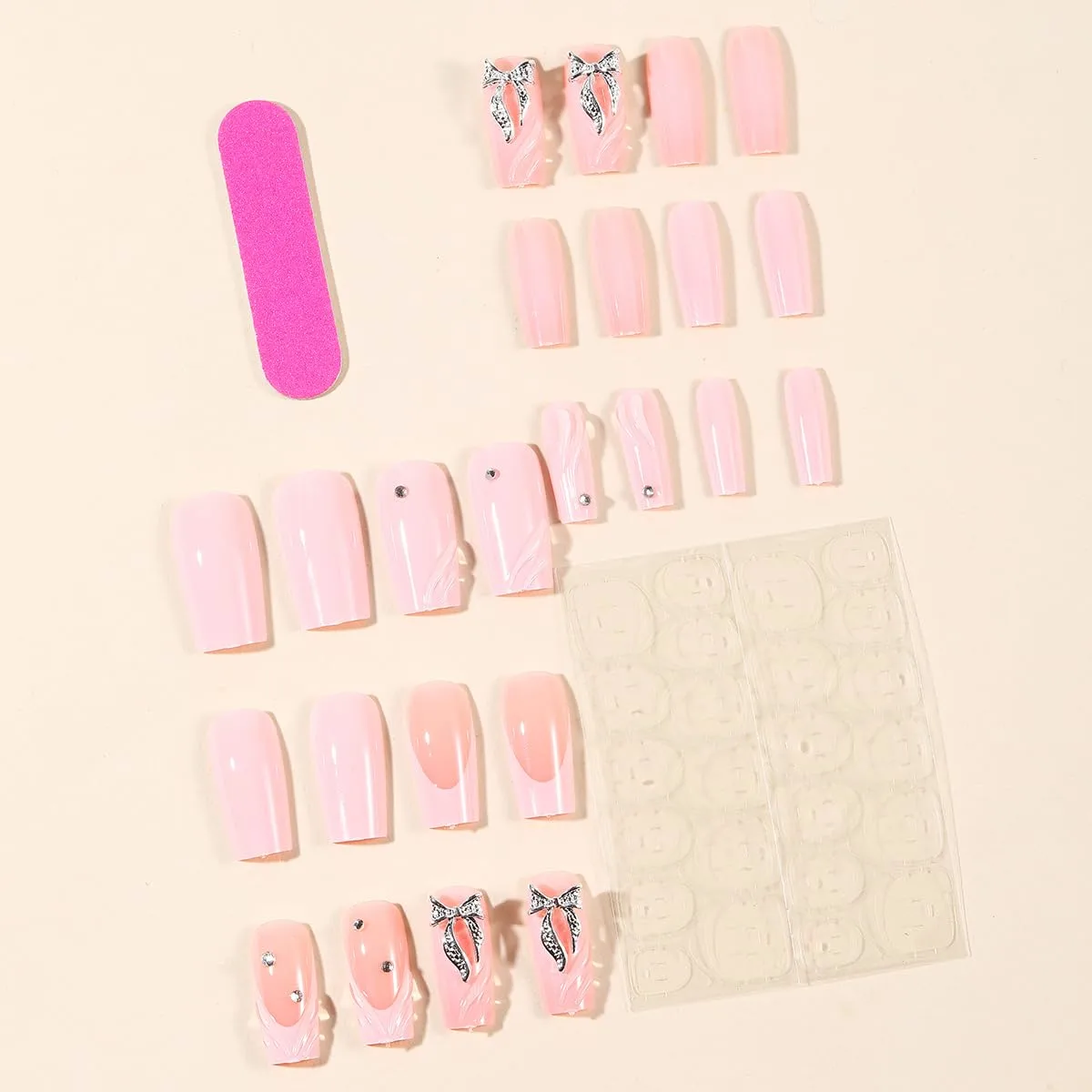 Square French Tip Press on Nails Long Pink Fake Nails Embossed Glossy Bow Stick on Nail Tips for Women