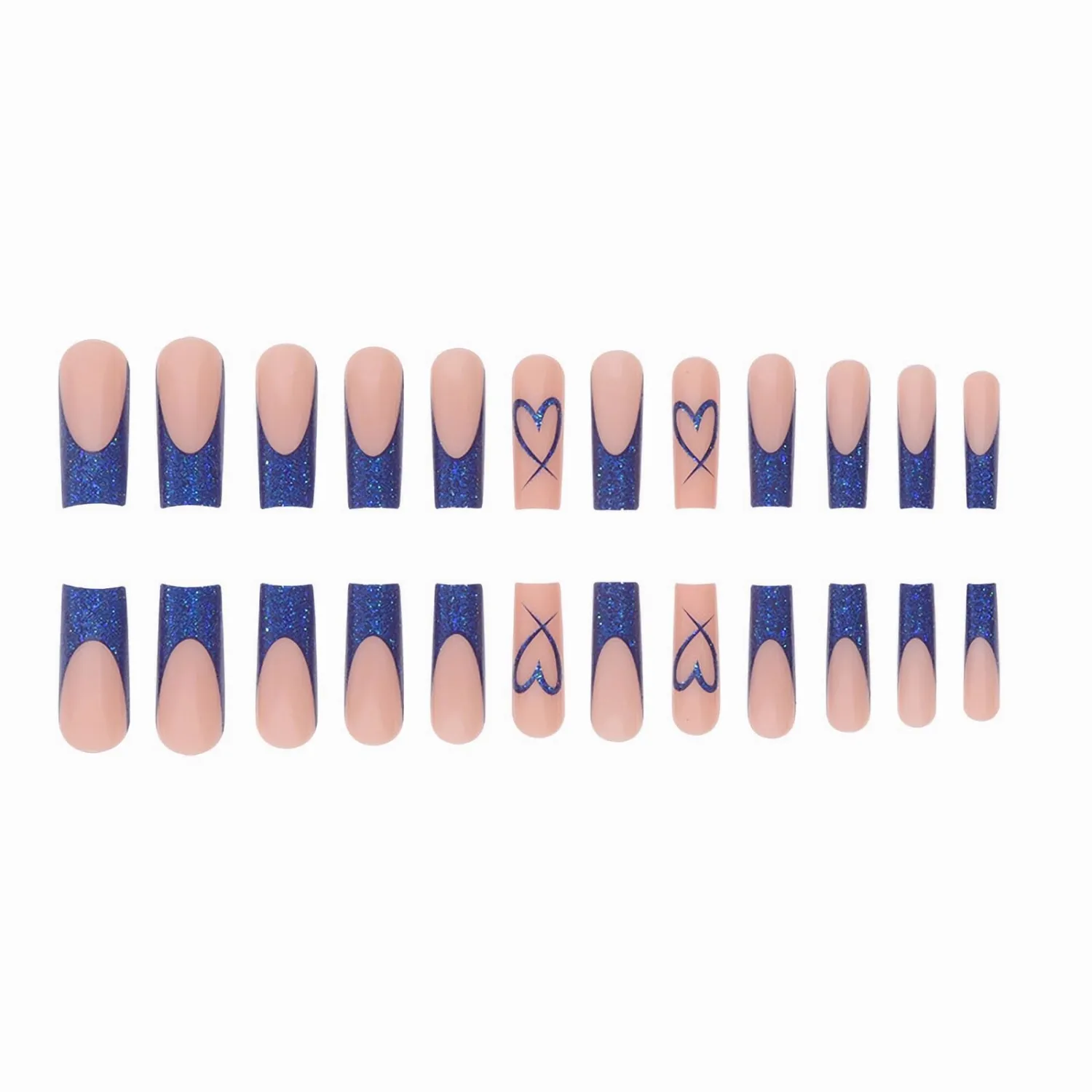 MERVF Long Square Press on Nails Blue Glitter French Tip Fake Nails Heart Glue ons Squoval Valentines Acrylic 24pcs Glossy False Nail for Women