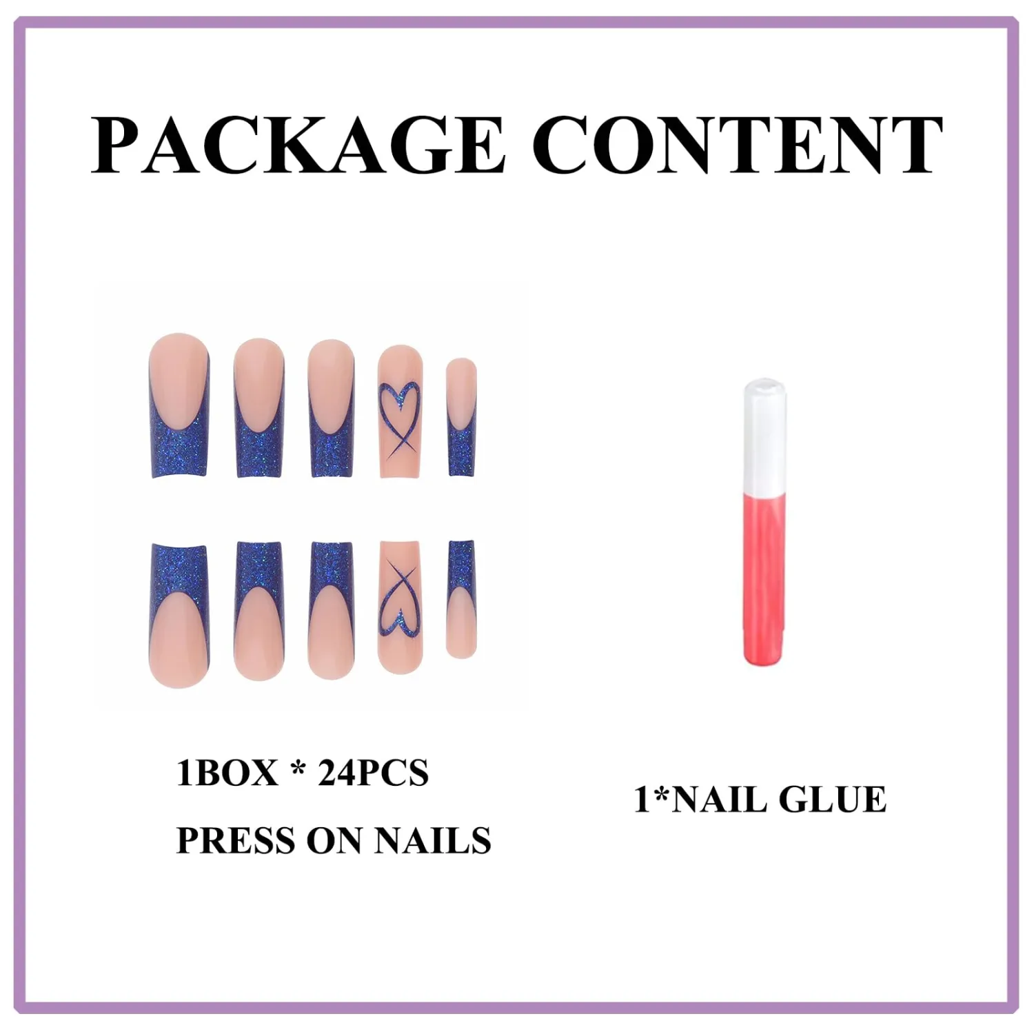 MERVF Long Square Press on Nails Blue Glitter French Tip Fake Nails Heart Glue ons Squoval Valentines Acrylic 24pcs Glossy False Nail for Women