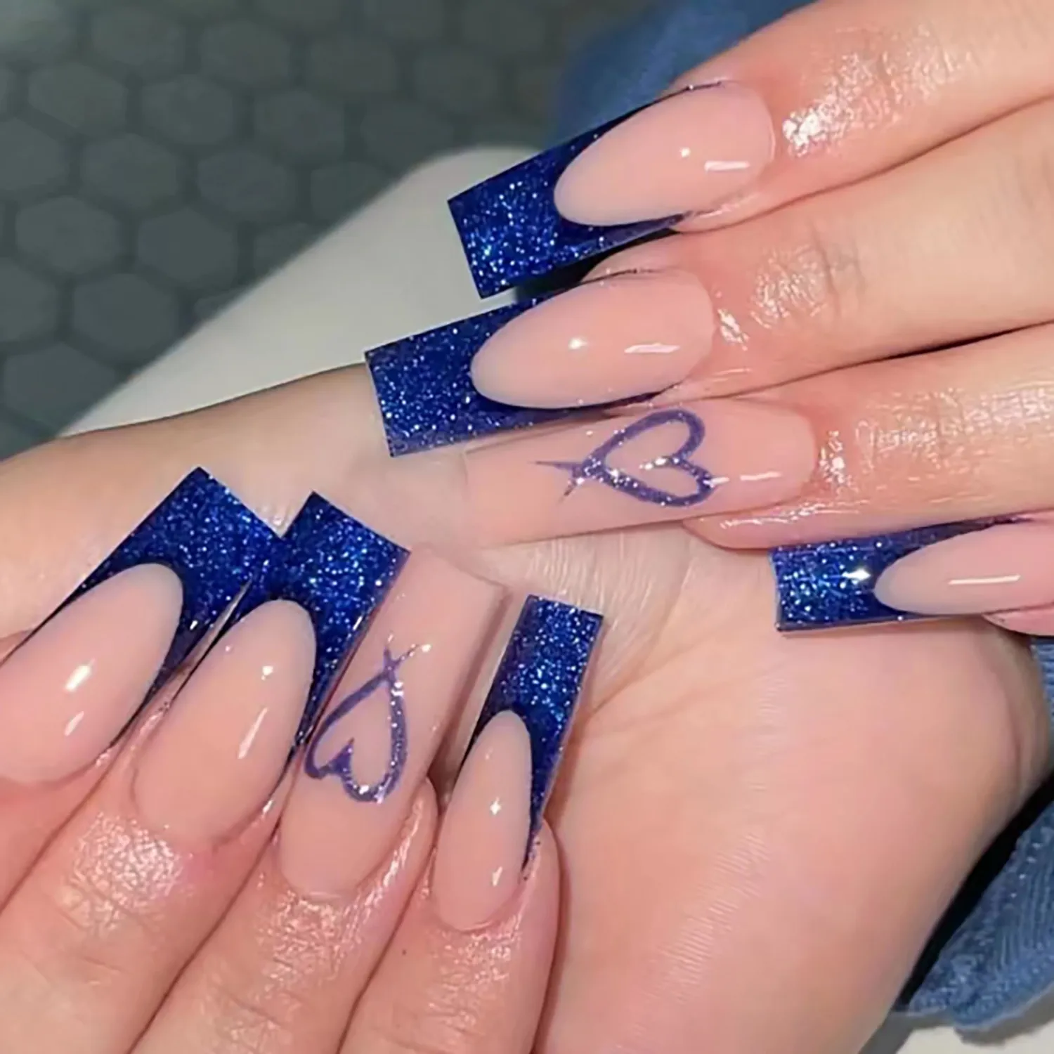 MERVF Long Square Press on Nails Blue Glitter French Tip Fake Nails Heart Glue ons Squoval Valentines Acrylic 24pcs Glossy False Nail for Women