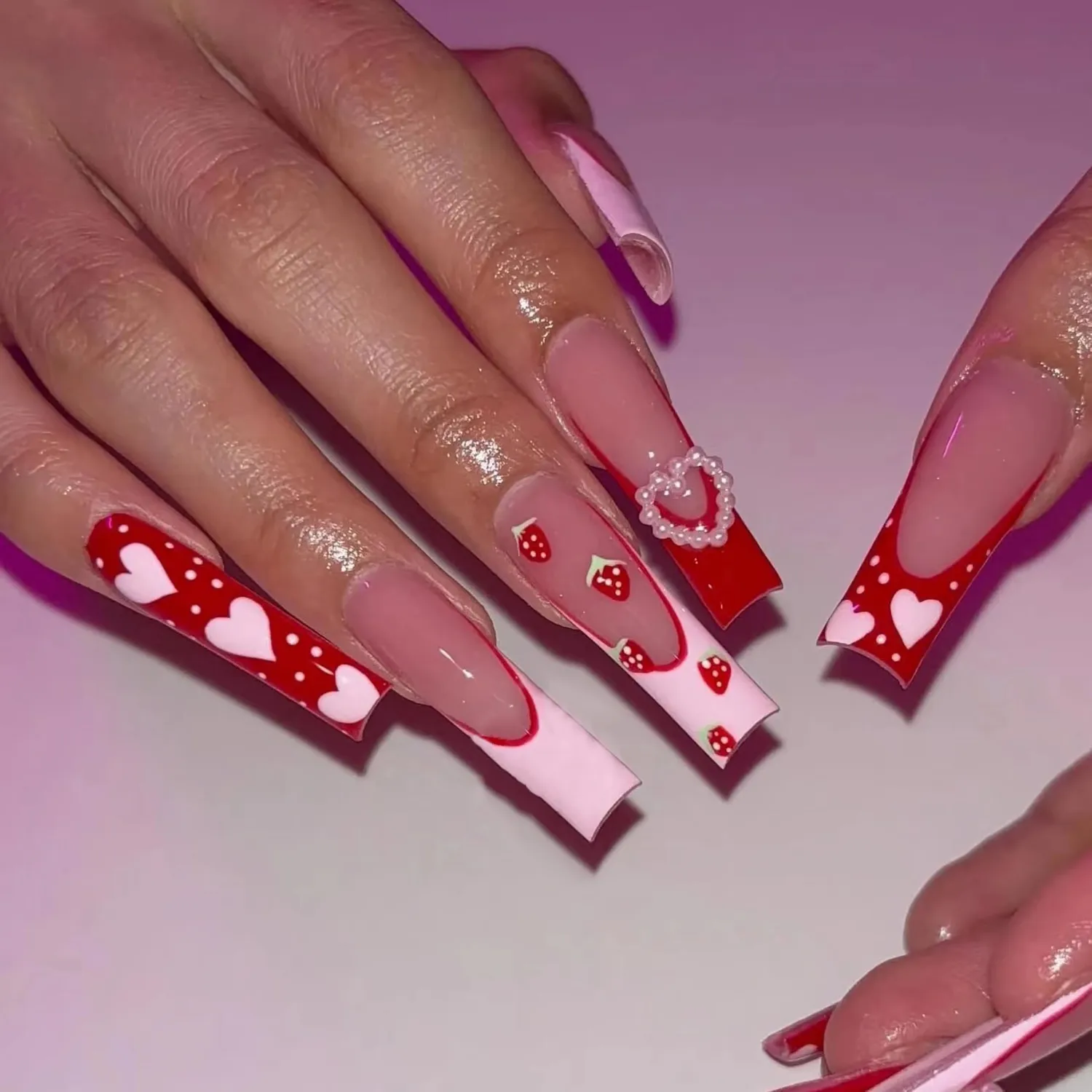 MERVF Long Square Press on Nails Pink French Tip Fake Nails Pearl Heart Press ons Strawberry Acrylic 24pcs Glossy Cute Squoval False Nail for Women