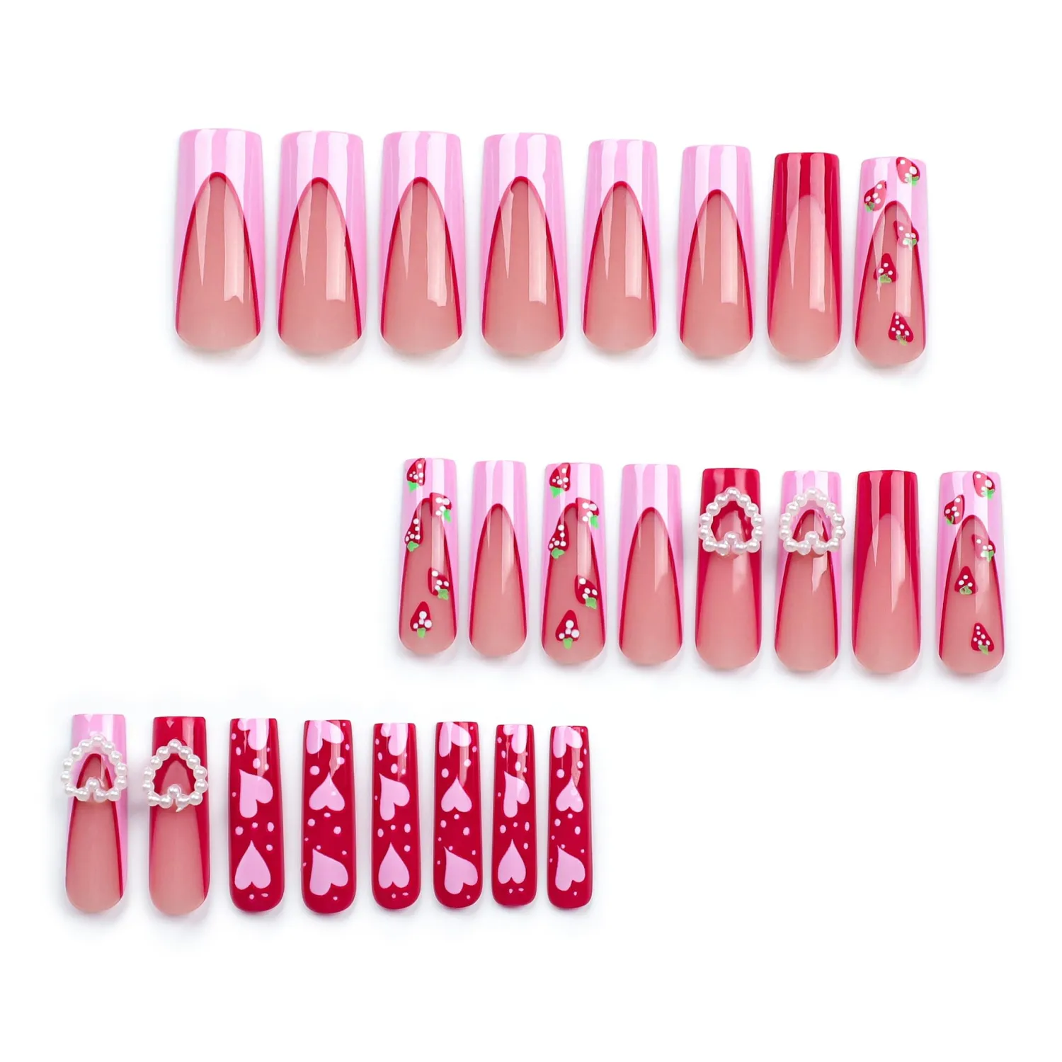 MERVF Long Square Press on Nails Pink French Tip Fake Nails Pearl Heart Press ons Strawberry Acrylic 24pcs Glossy Cute Squoval False Nail for Women