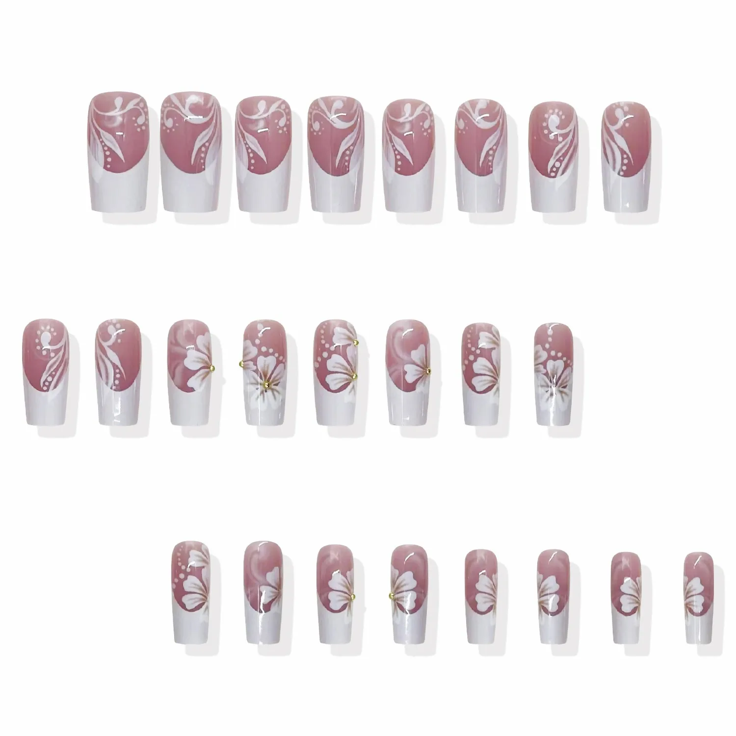MERVF Press on Nails Long Square White French Tip Fake Nails Glue ons Wedding Acrylic Flower Design Glossy 24pcs
