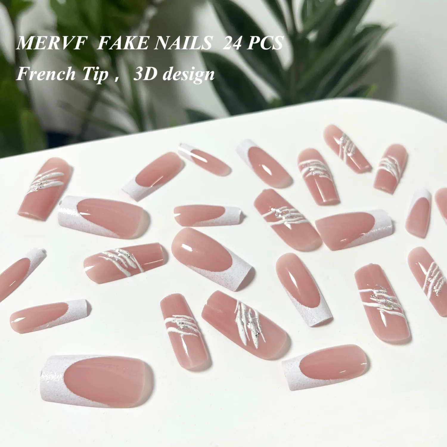 MERVF 24Pcs Long Square Press on White French Tip Fake Nails with 3D Striped Glitter Design Wedding Glue ons Acrylic Glossy Finish Manicure