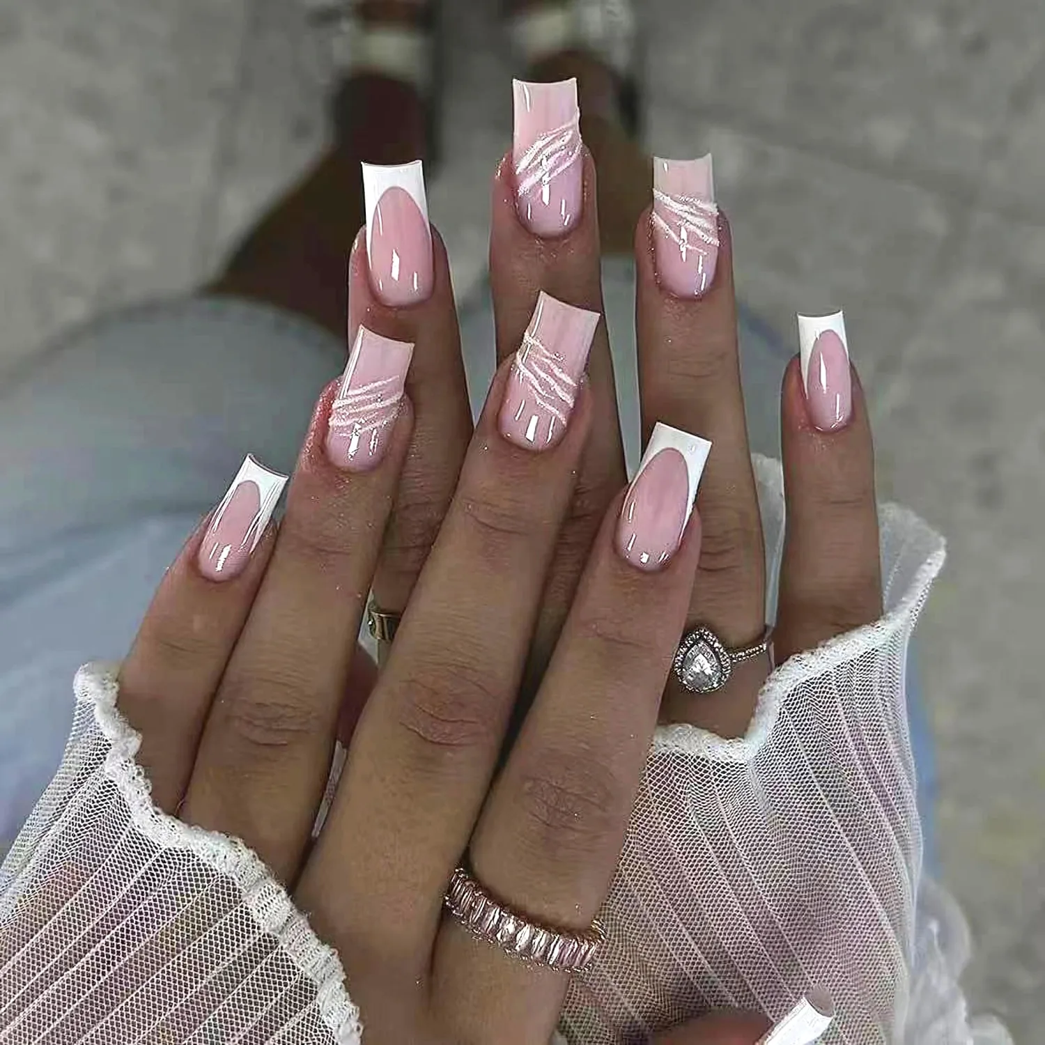 MERVF 24Pcs Long Square Press on White French Tip Fake Nails with 3D Striped Glitter Design Wedding Glue ons Acrylic Glossy Finish Manicure