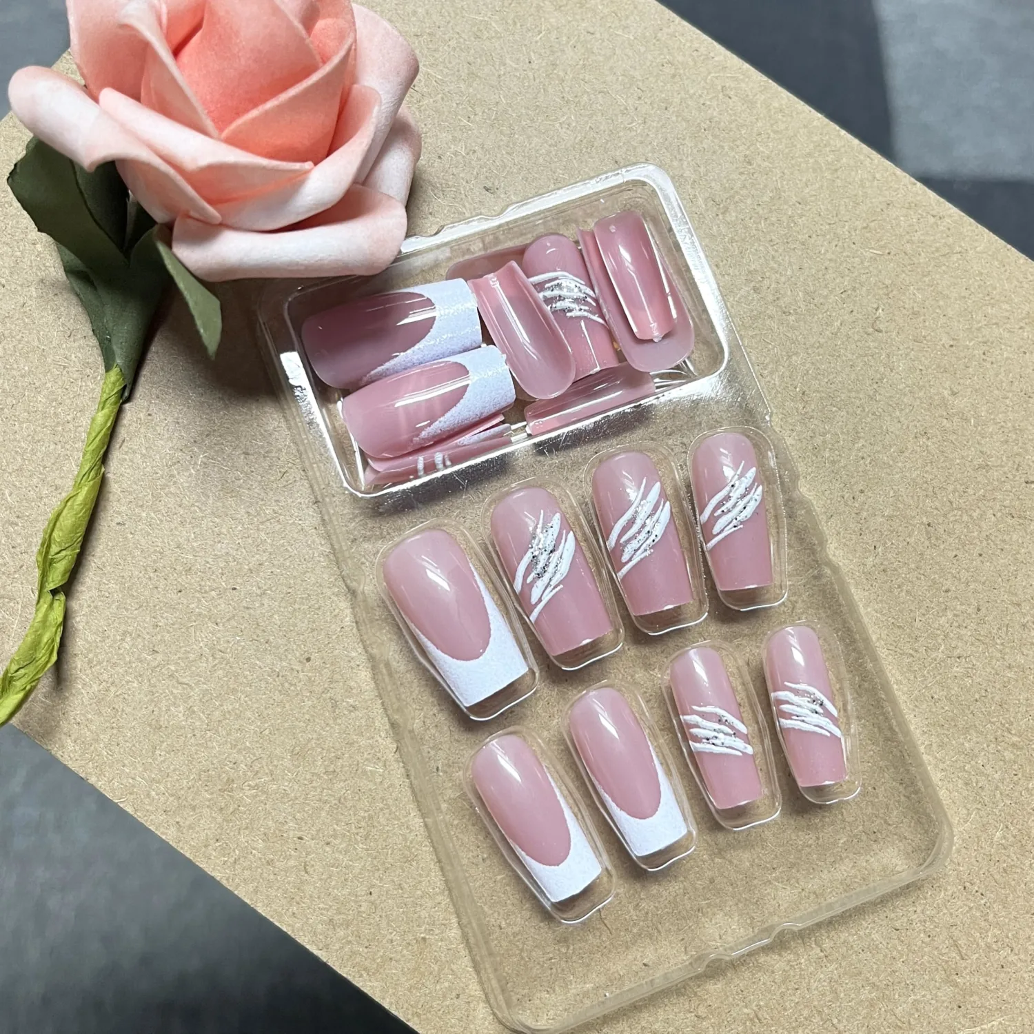 MERVF 24Pcs Long Square Press on White French Tip Fake Nails with 3D Striped Glitter Design Wedding Glue ons Acrylic Glossy Finish Manicure