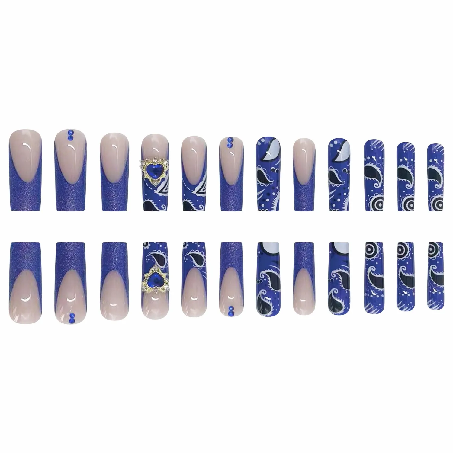 MERVF Long Press on Nails Square Fake Nails Royal Blue French Tip Glue ons 3D Heart with Sea Design Acrylic False Glitter Rhinestones Summer Handmade Manicure Glossy 24pcs