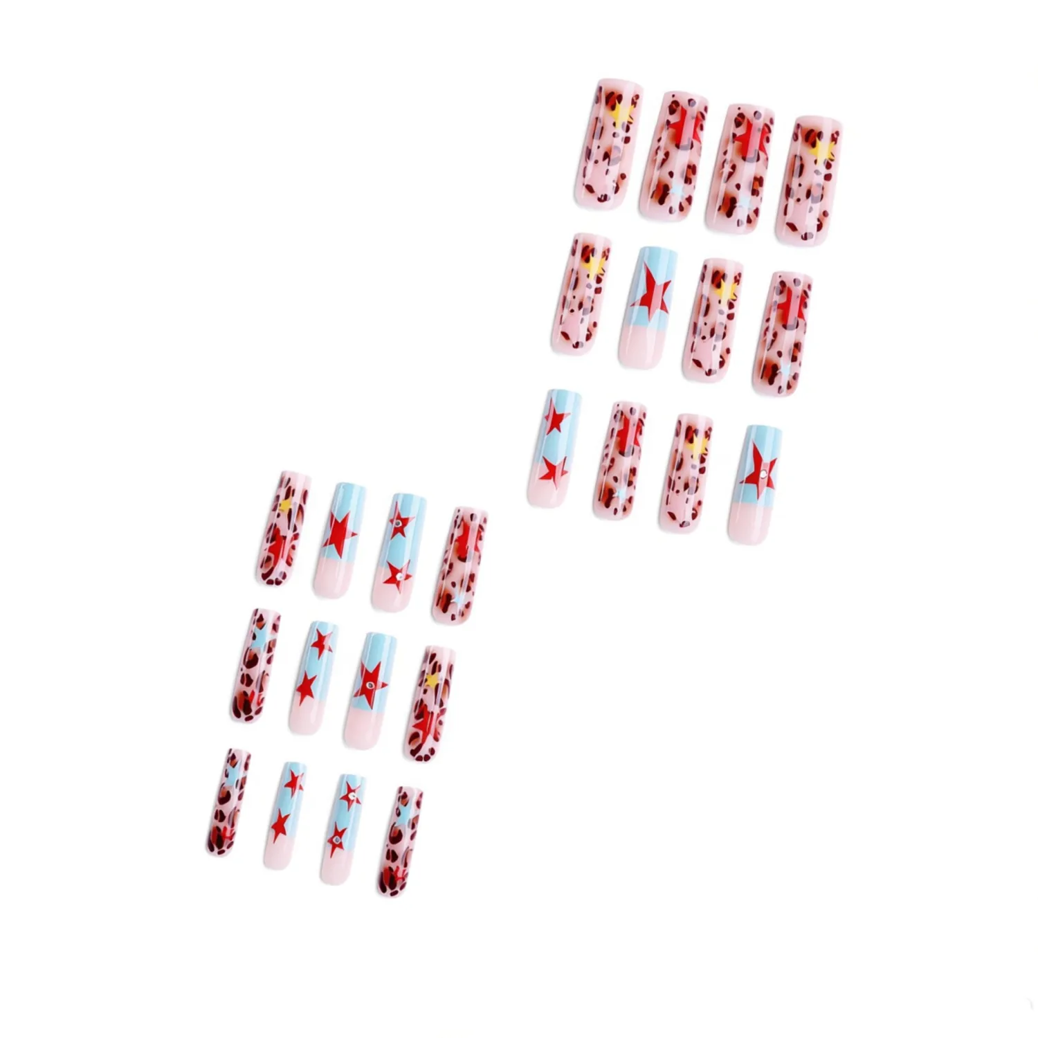 MERVF Long Square Press on Nails - Blue French Tip Fake Stars Acrylic Nails, Leopard Design Glue ons 24pcs Glossy Finish