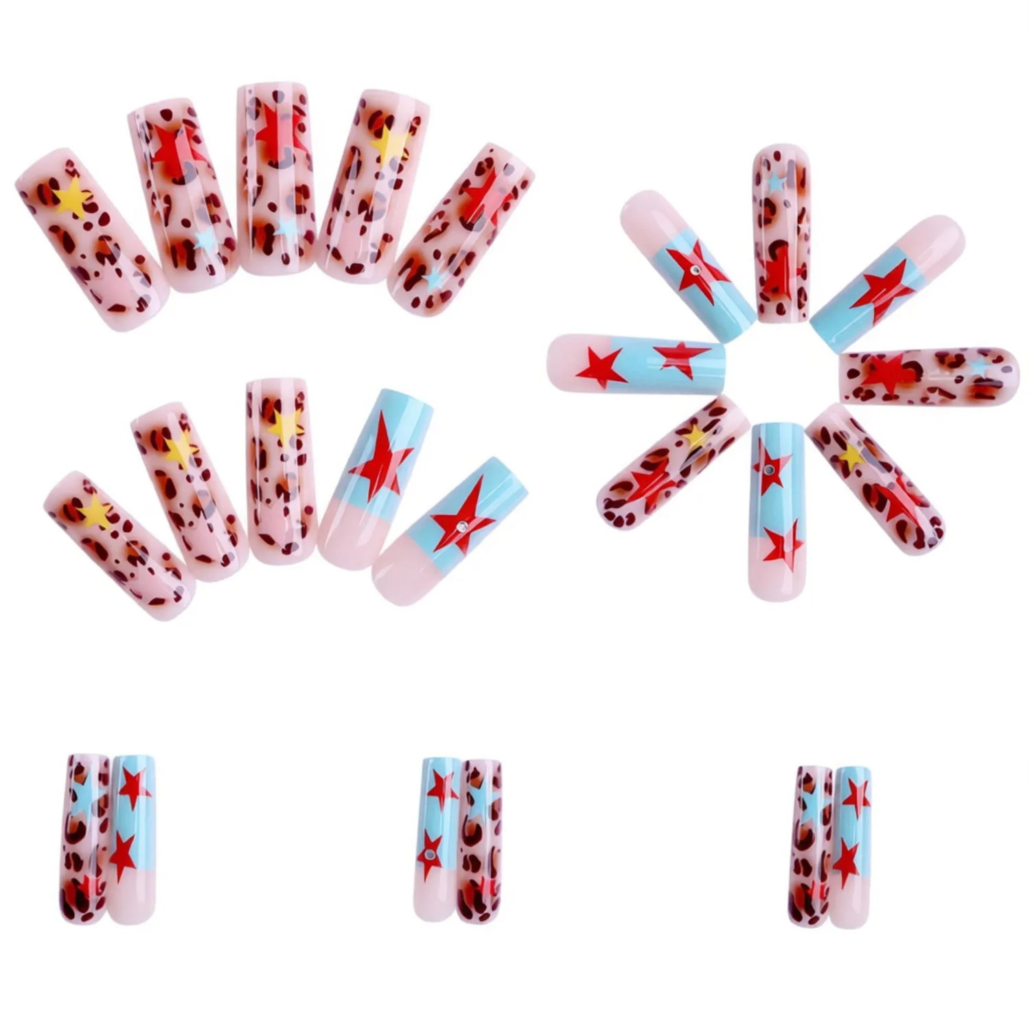 MERVF Long Square Press on Nails - Blue French Tip Fake Stars Acrylic Nails, Leopard Design Glue ons 24pcs Glossy Finish