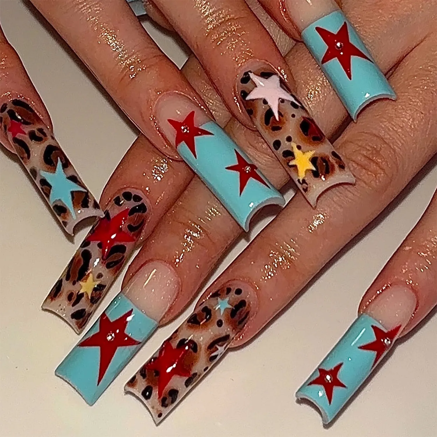 MERVF Long Square Press on Nails - Blue French Tip Fake Stars Acrylic Nails, Leopard Design Glue ons 24pcs Glossy Finish