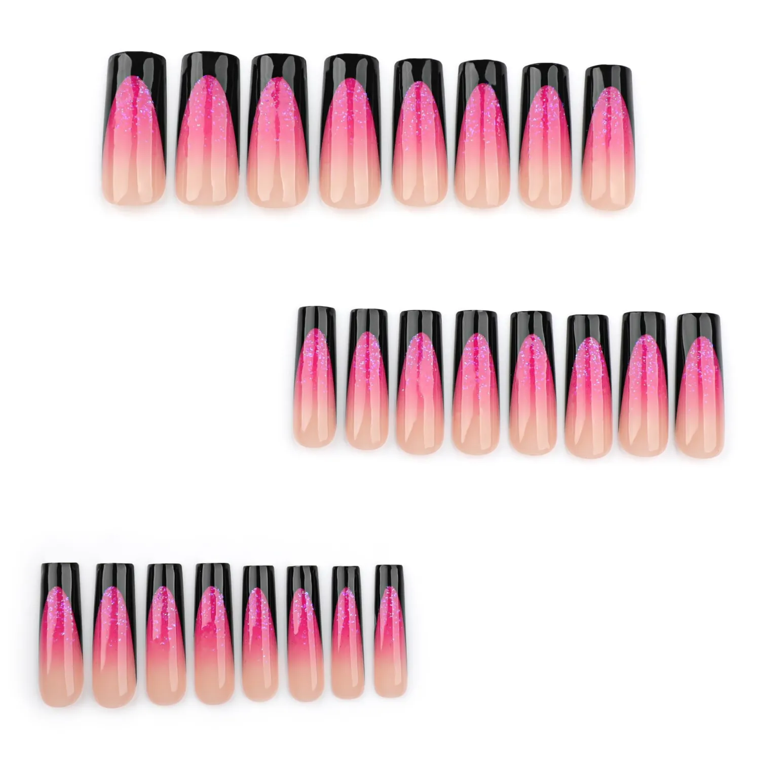 MERVF Long Square Press on Nails Black French Tip Fake Nails Glitter with Purple Ombre Design Squoval Goth Acrylic False Glossy 24pcs