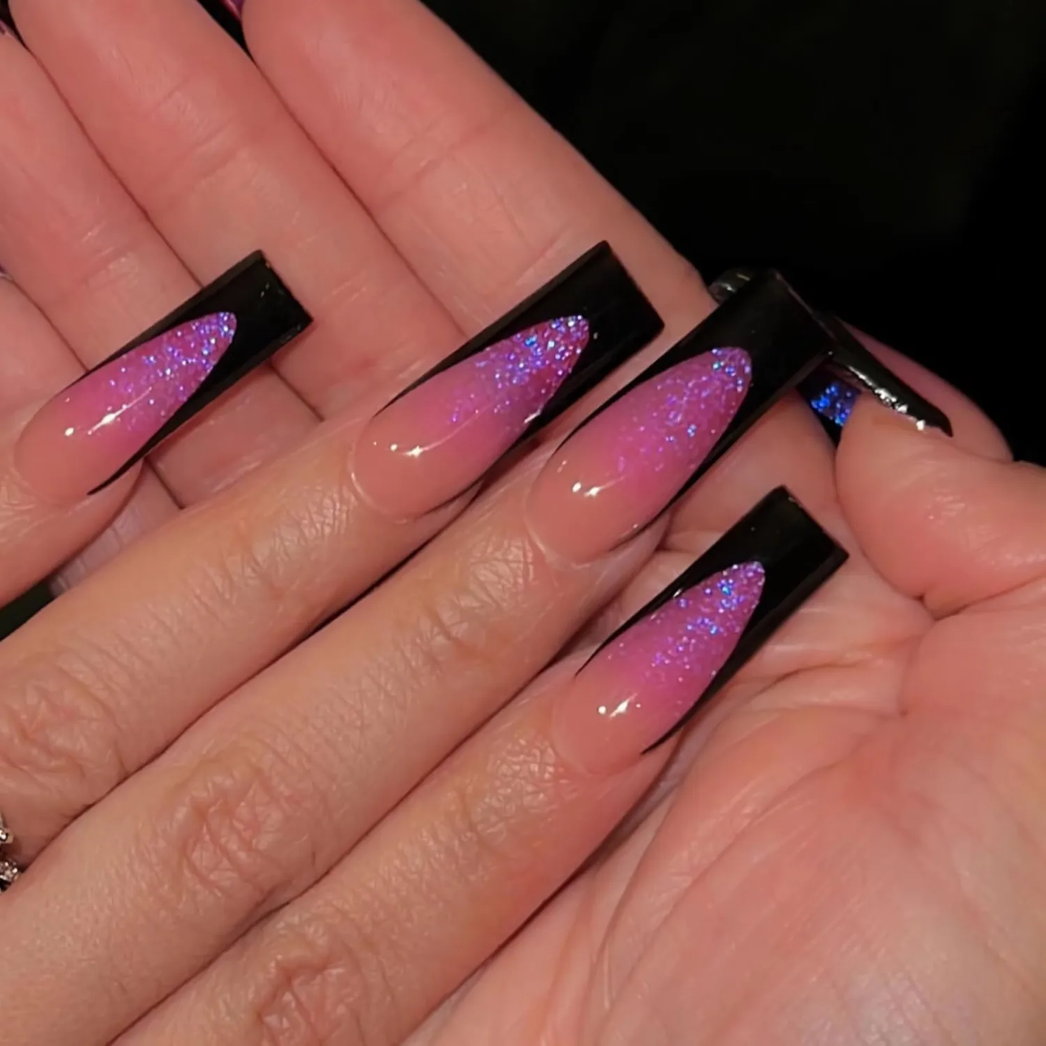 MERVF Long Square Press on Nails Black French Tip Fake Nails Glitter with Purple Ombre Design Squoval Goth Acrylic False Glossy 24pcs