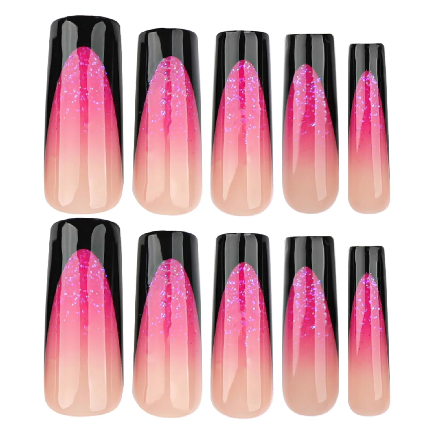 MERVF Long Square Press on Nails Black French Tip Fake Nails Glitter with Purple Ombre Design Squoval Goth Acrylic False Glossy 24pcs