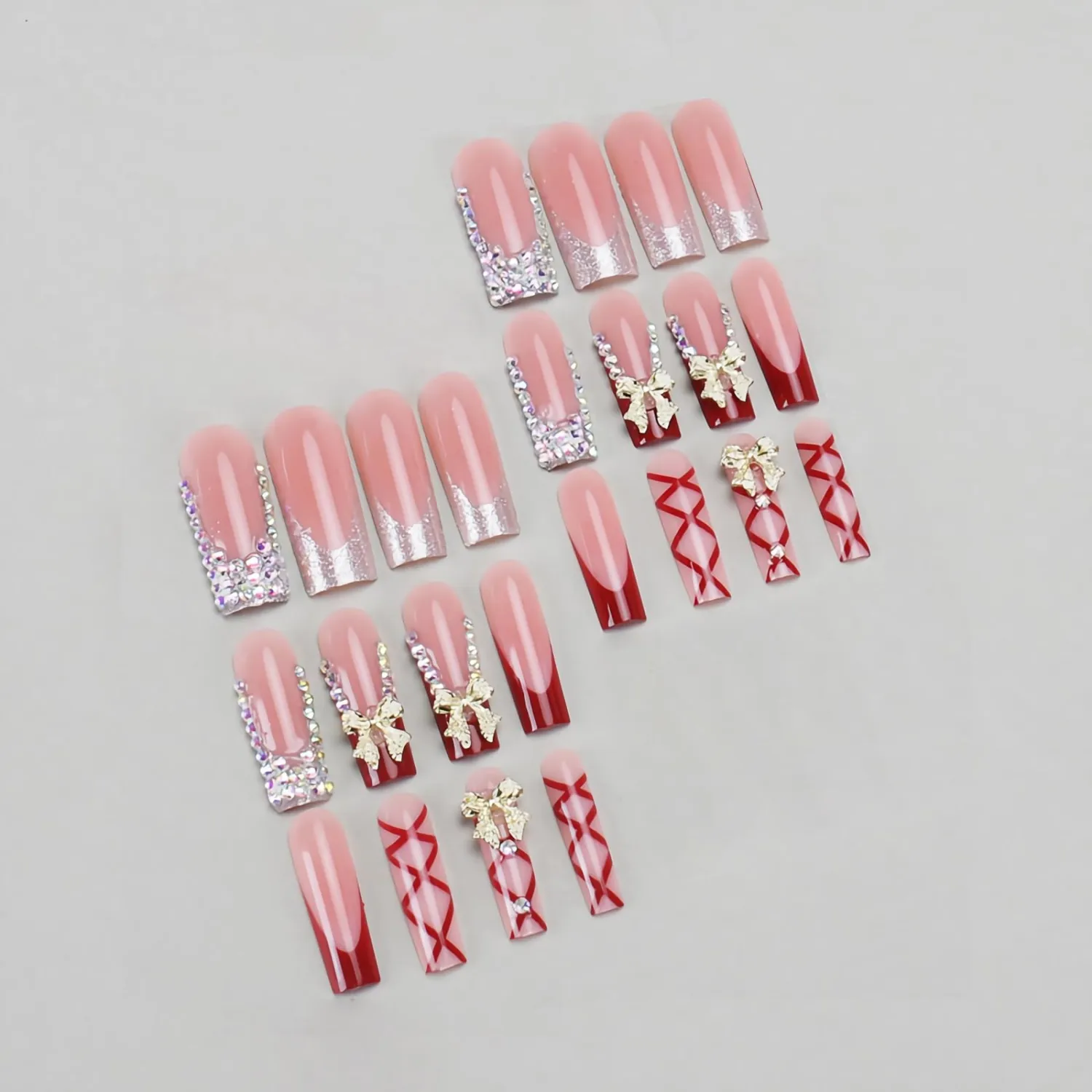 MERVF Long Press on Nails Square Red French Tip Fake Nails with Bow Charms Glue ons Rhinestones Nail Squoval Acrylic Luxury Supplies Art DIY Manicure Glossy 24pcs