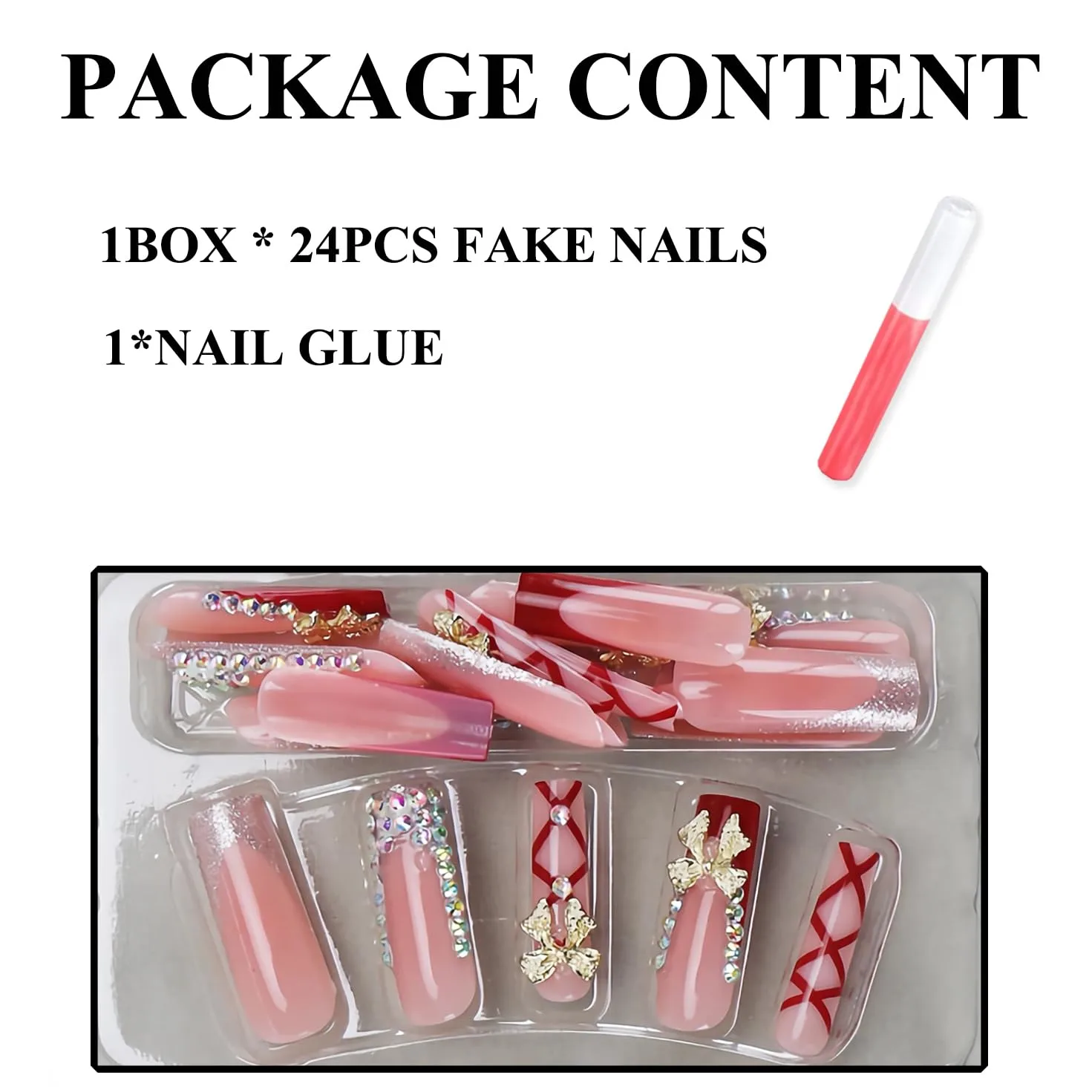 MERVF Long Press on Nails Square Red French Tip Fake Nails with Bow Charms Glue ons Rhinestones Nail Squoval Acrylic Luxury Supplies Art DIY Manicure Glossy 24pcs