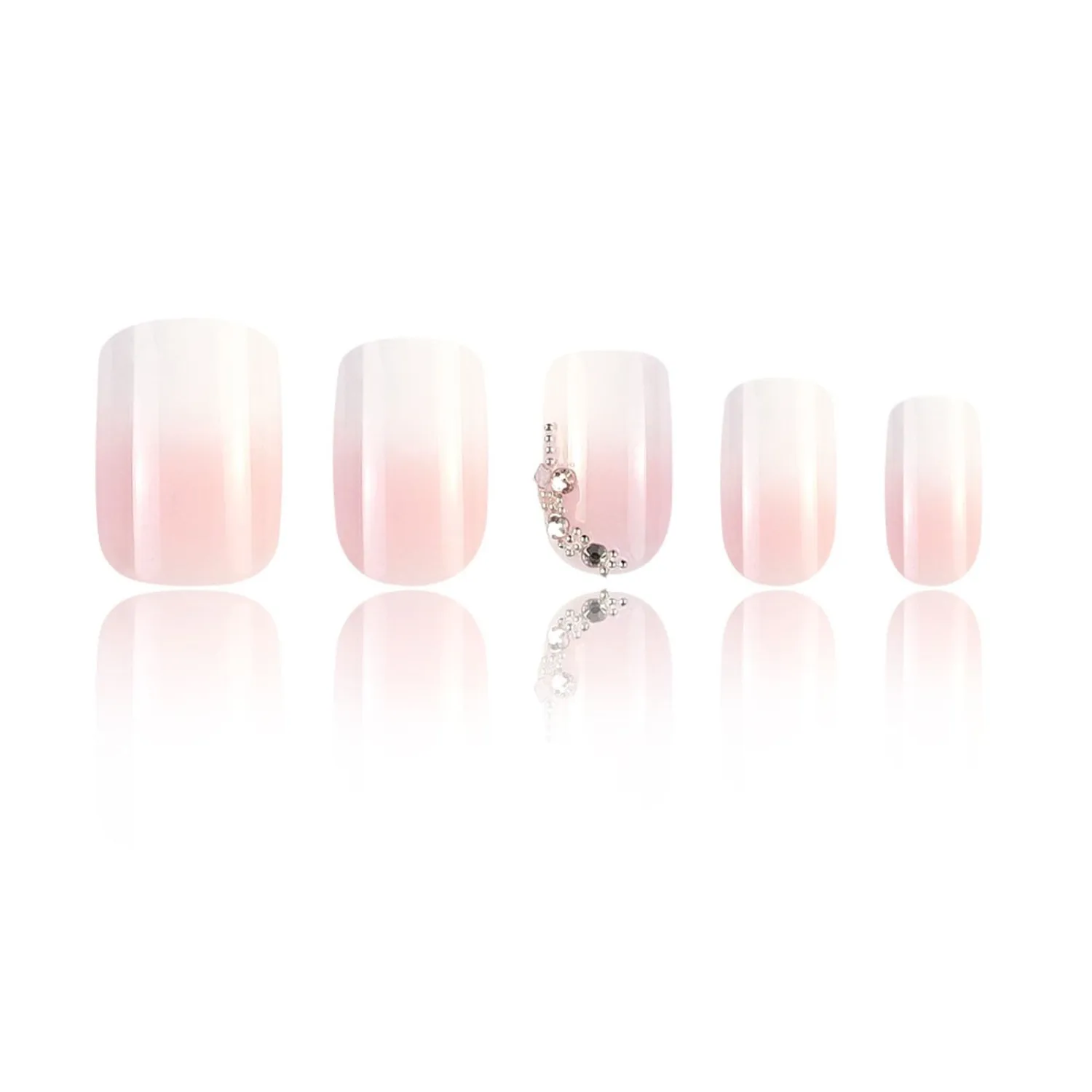 Pink White Gradient Press on Nails Short Square Fake Nails wiht Rhinestones Designs Full Cover Glue on Nails Press ons Artificial Acrylic False Nails for Women 24 Pcs
