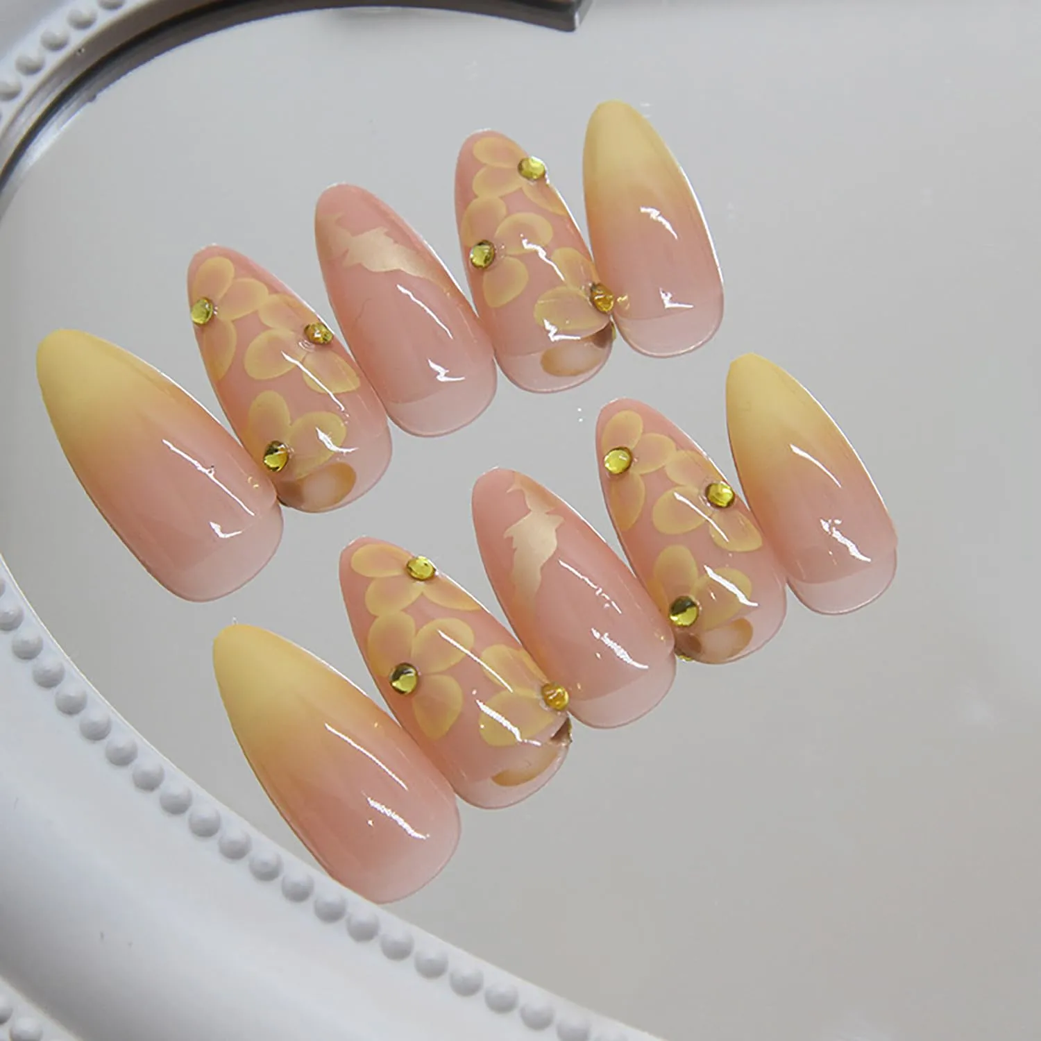 24 Pcs Almond Press on Nails Medium Fake Nails with Glue Artificial False Nails with 3D Flower Charms Design Acrylic Nails Press ons Stiletto Nail Tips Summer Glue on Nails Stick on Nails for Women