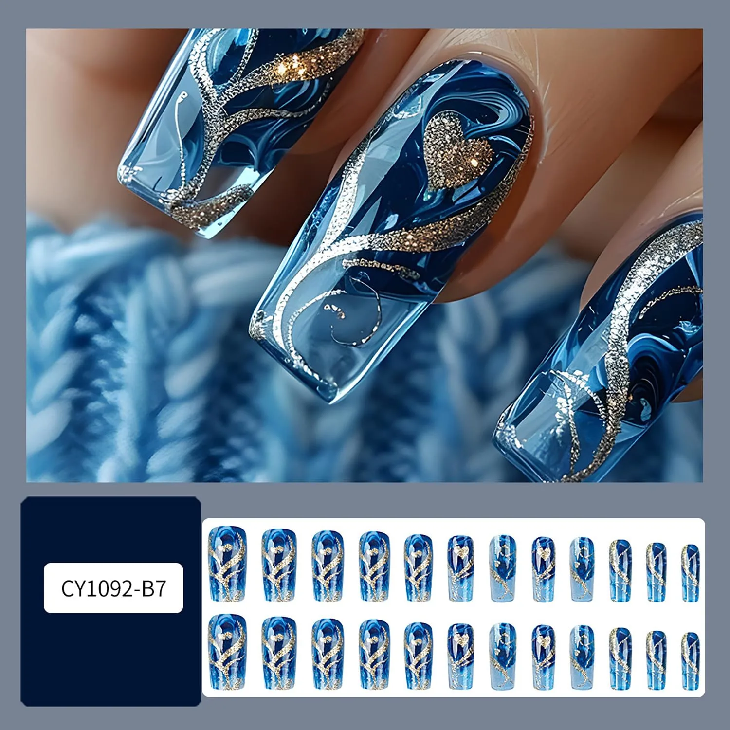 Press on Nails Medium Square Shaped Acrylic Medium Square Shaped False Nails with Designs Artificial Short Coffin Fake Nails with Charms Glue ons Fingernails for Women Girls(CY1092)