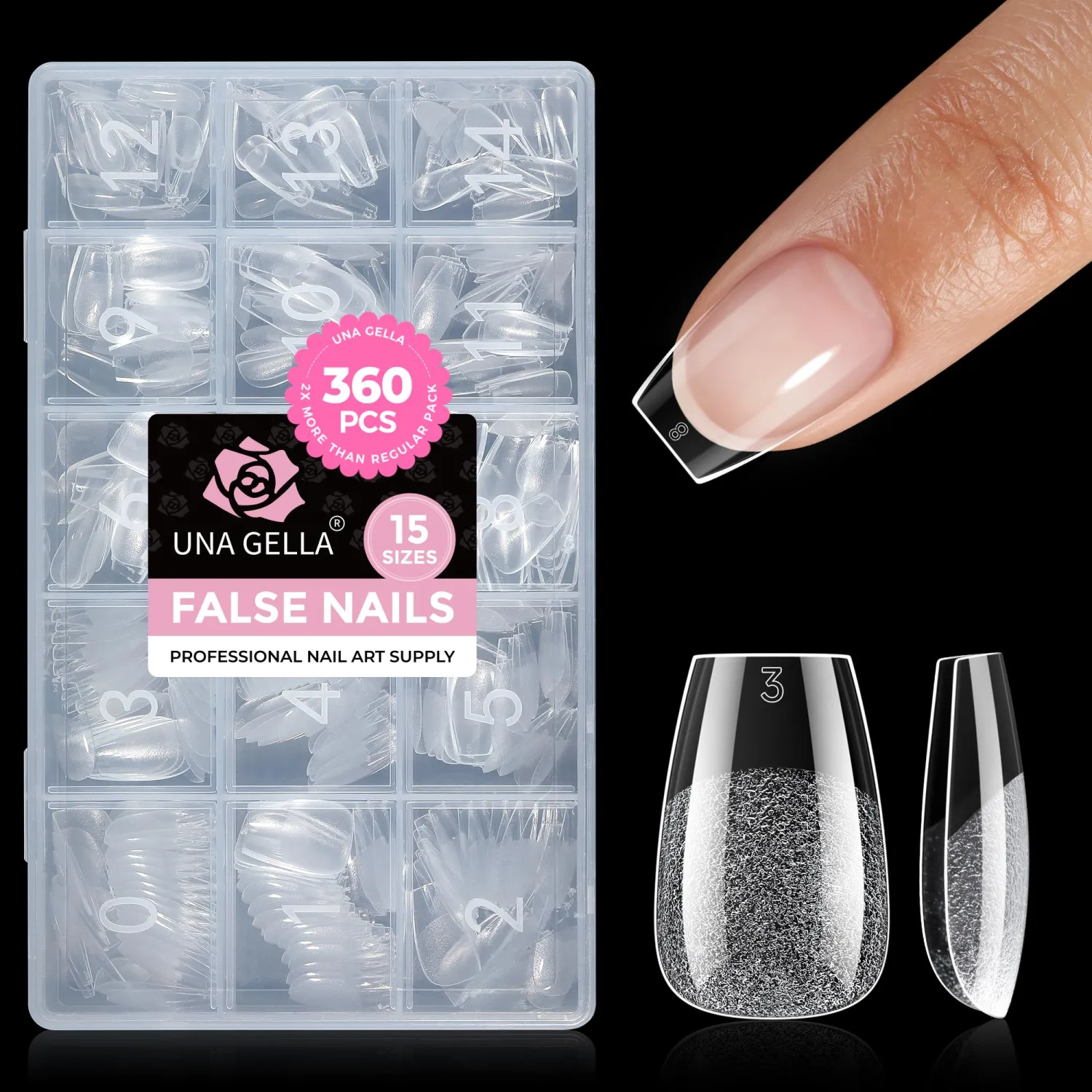 UNA GELLA Coffin Nails Tips 360Pcs, 15 Sizes Soft Gel Short Fake Nails Clear Full Cover, No Filing Needed Acrylic Nail Tips Coffin, Soak Off False Extensions