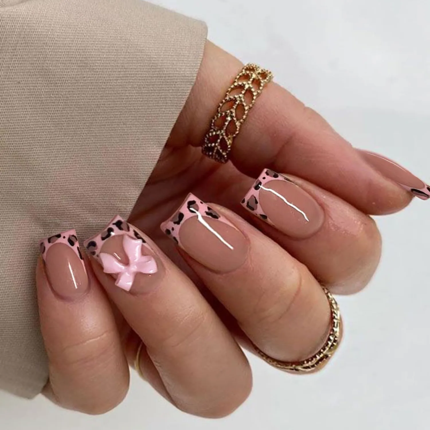 Leopard French Tip Press on Nails Short Square Acrylic Nails Press ons Cute Nude Glue on Fake Nail with 3D Pink Bow Designs Reusable Artificial Stick on False Nail for Women and Girls